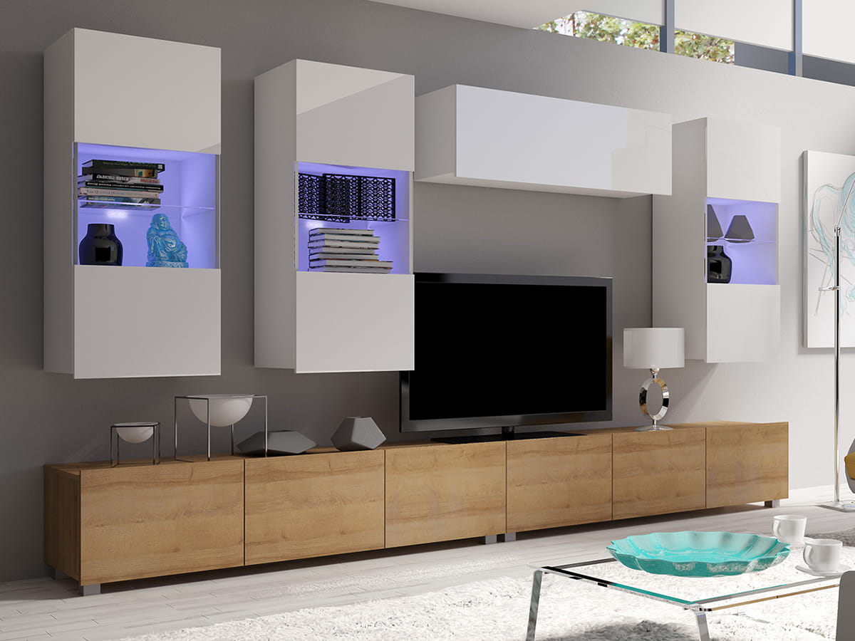 GAB Obývací stěna LORONA 11, Bílá/Zlatý dub 300 cm