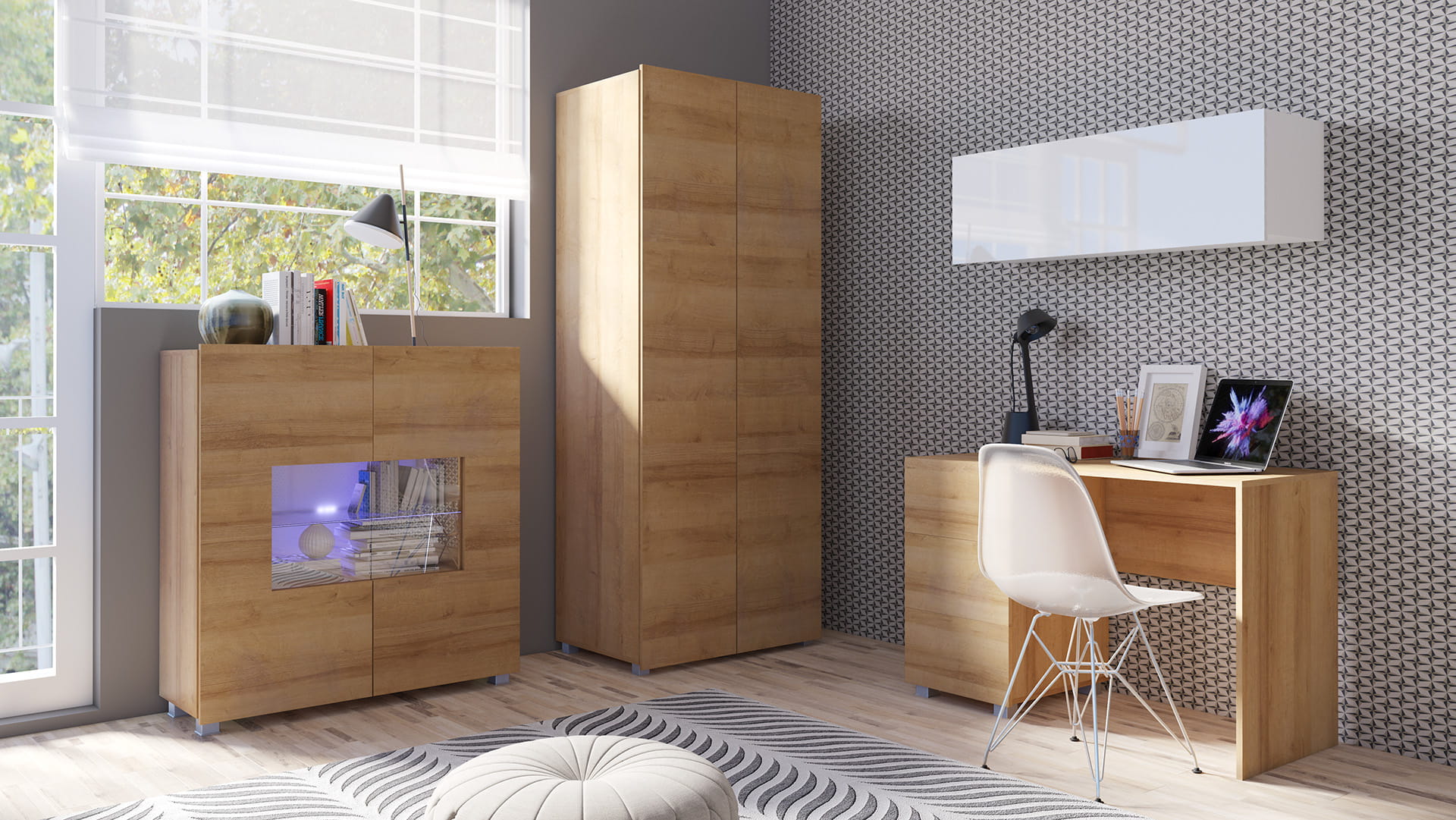 GAB Sestava nábytku LORONA 14, Bílá/Zlatý dub