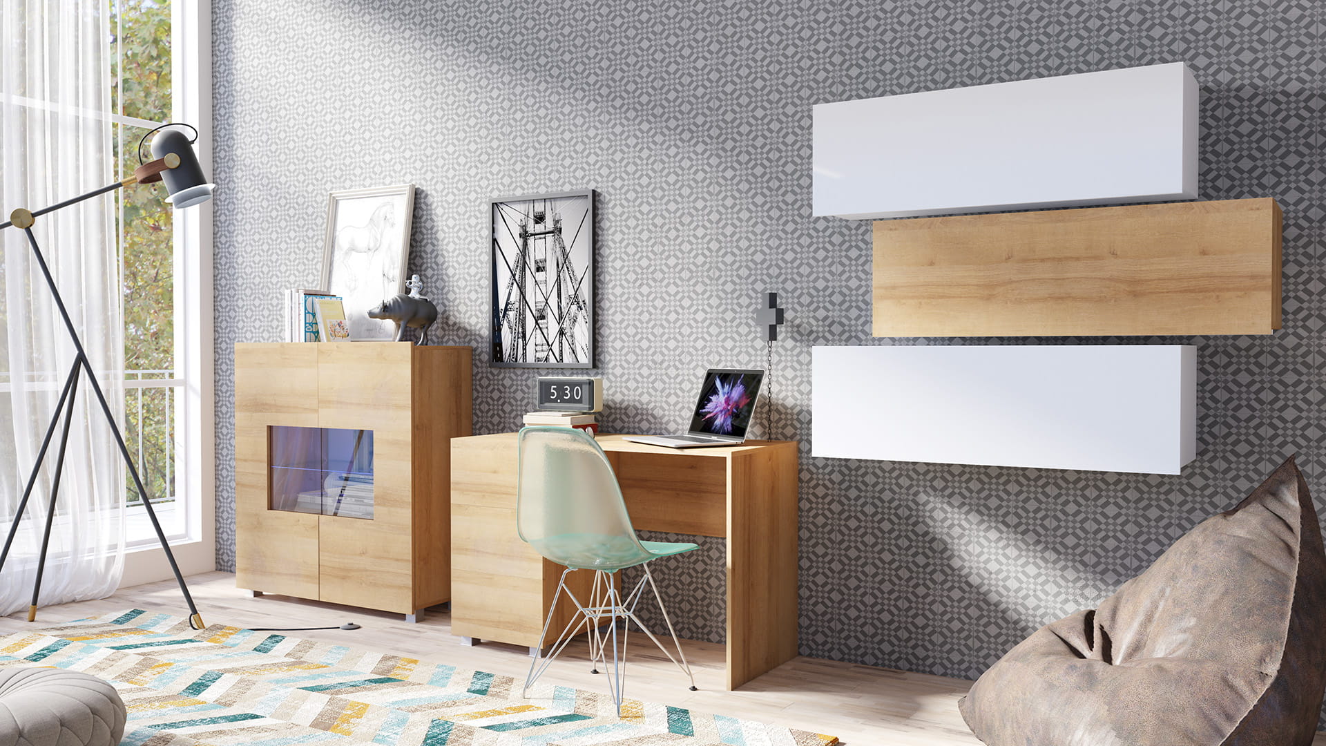 GAB Sestava nábytku LORONA 15, Bílá/Zlatý dub