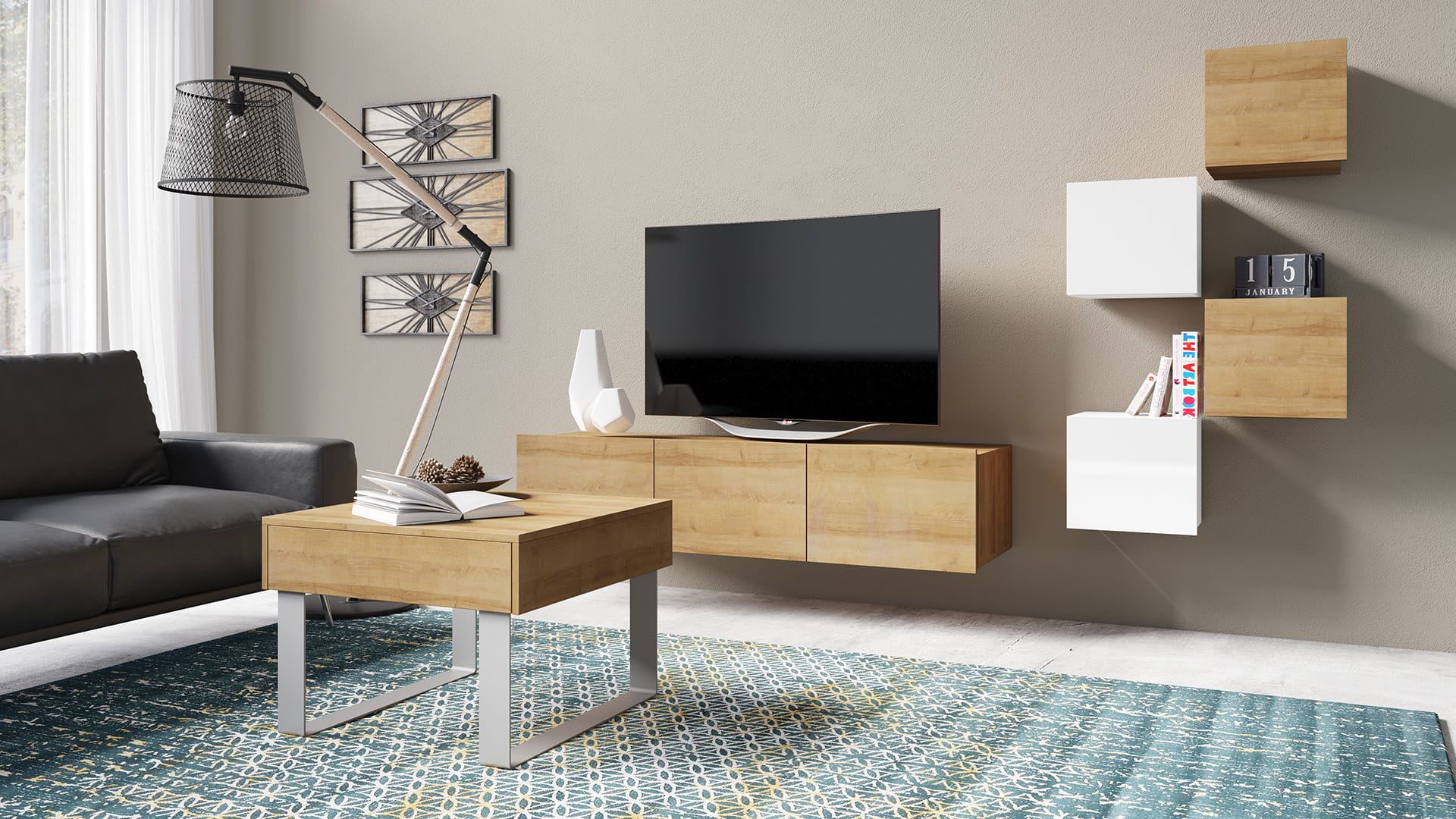 GAB Obývací stěna + konferenční stolek LORONA 21, Bílá/Zlatý dub