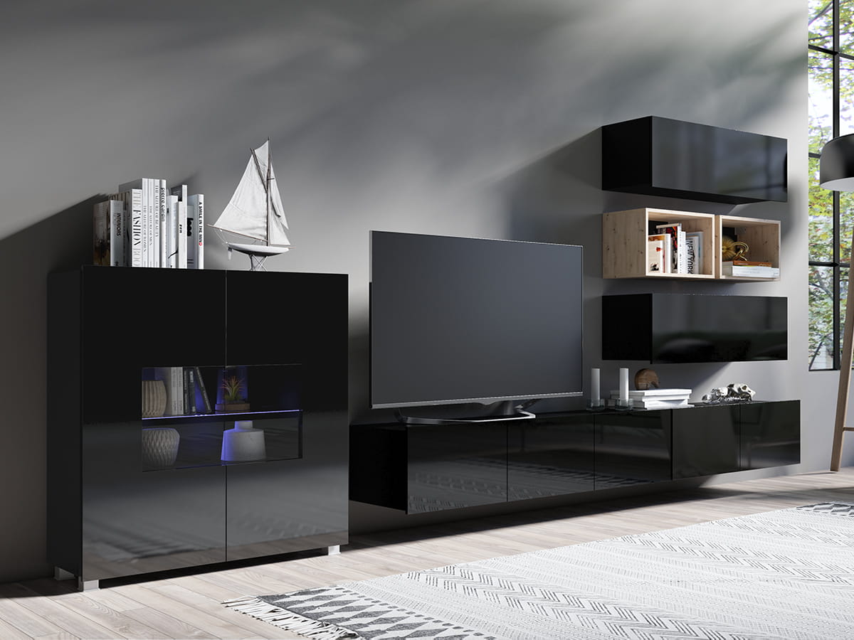 GAB Obývací stěna LORONA 28, Černá/ Dub Artisan 350 cm