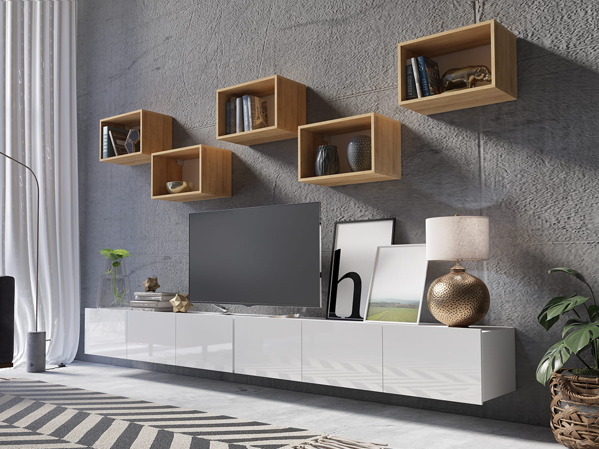 GAB Obývací stěna LORONA 32, Bílá/Zlatý dub 300 cm