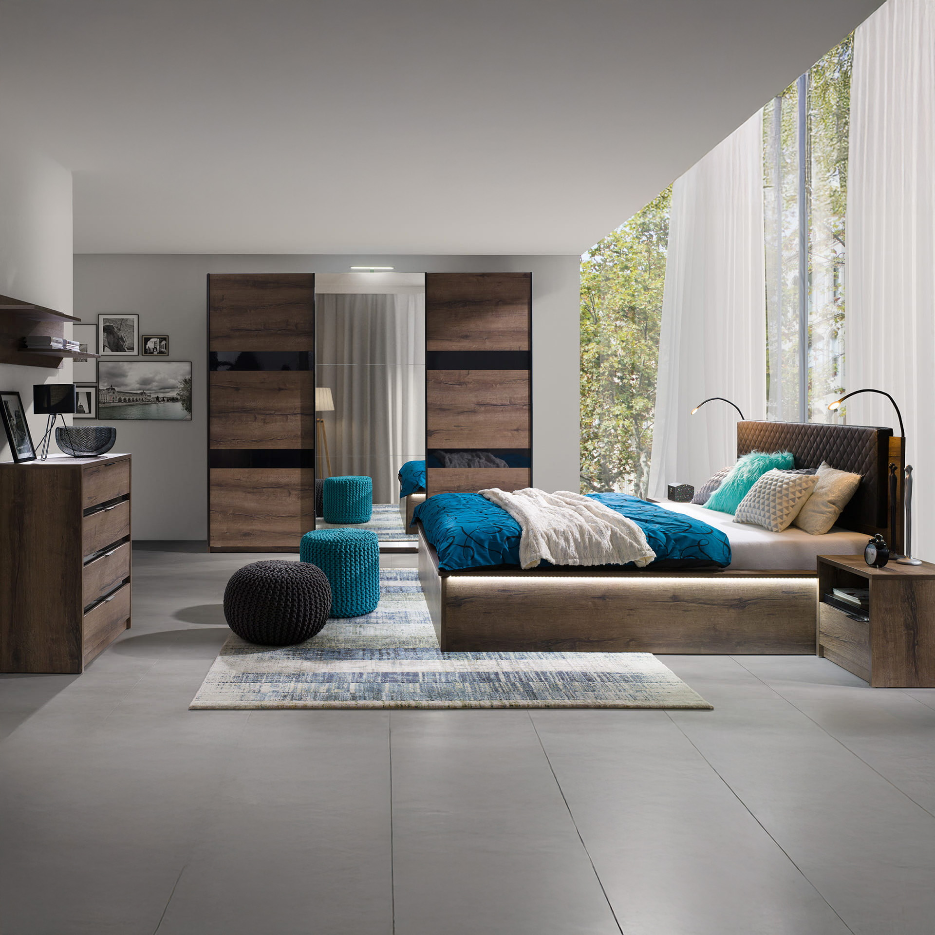 GAB Sestava nábytku - Devon 6 (Tmavý dub + Černý podklad)