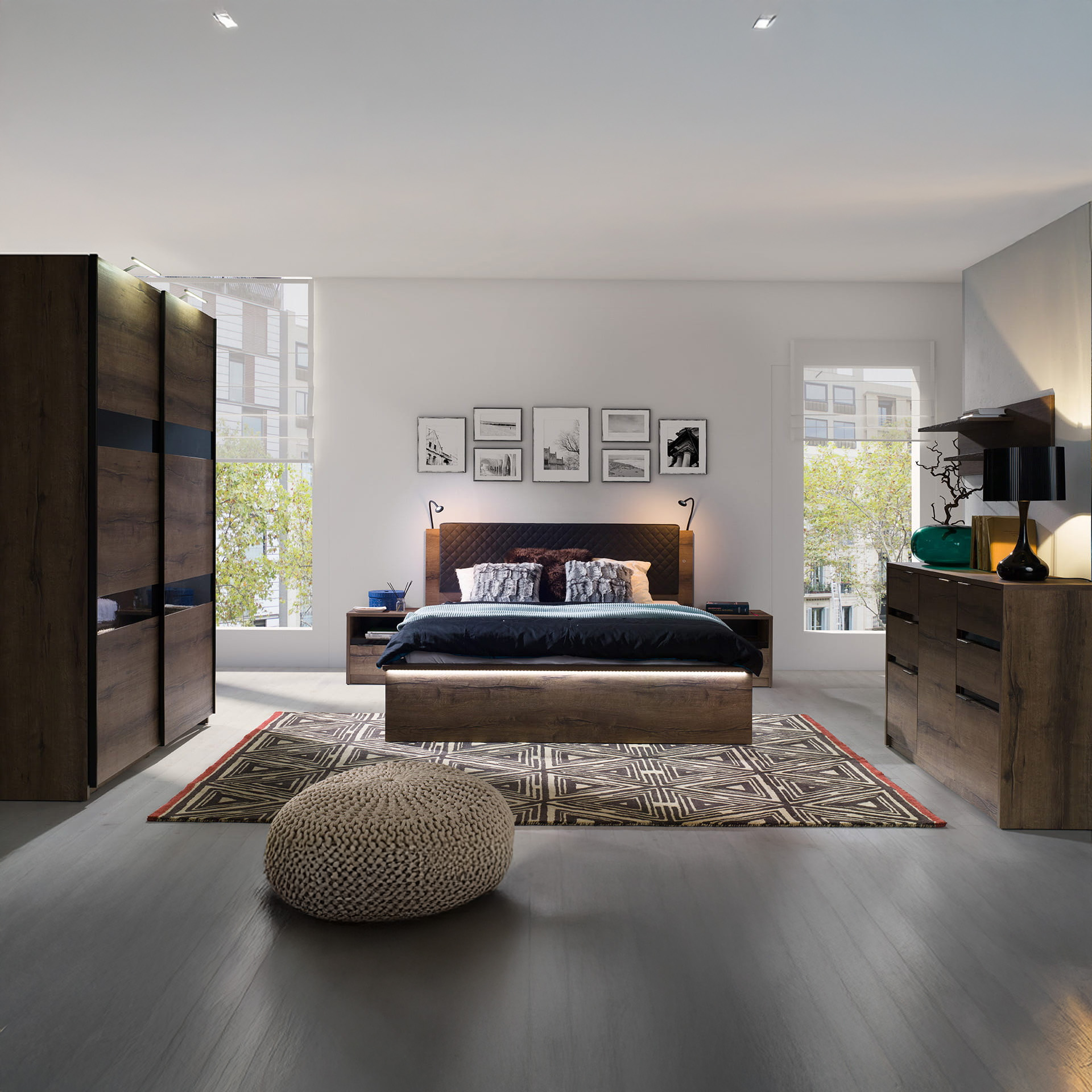 GAB Sestava nábytku - Devon 7 (Tmavý dub + Černý podklad)