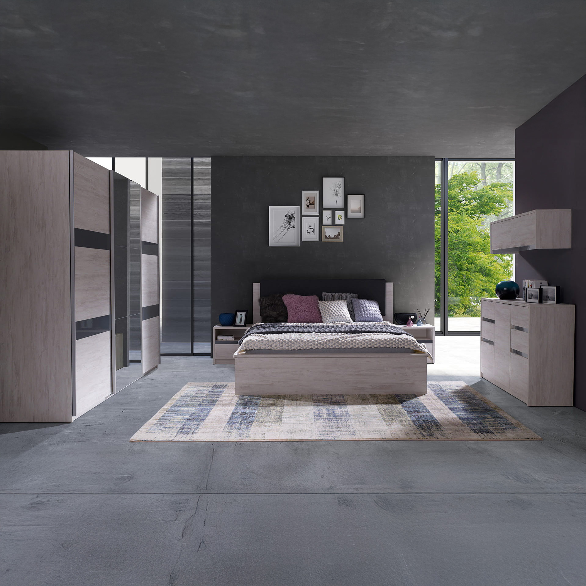 GAB Sestava nábytku - Devon 8 (Tmavý dub + Černý podklad)