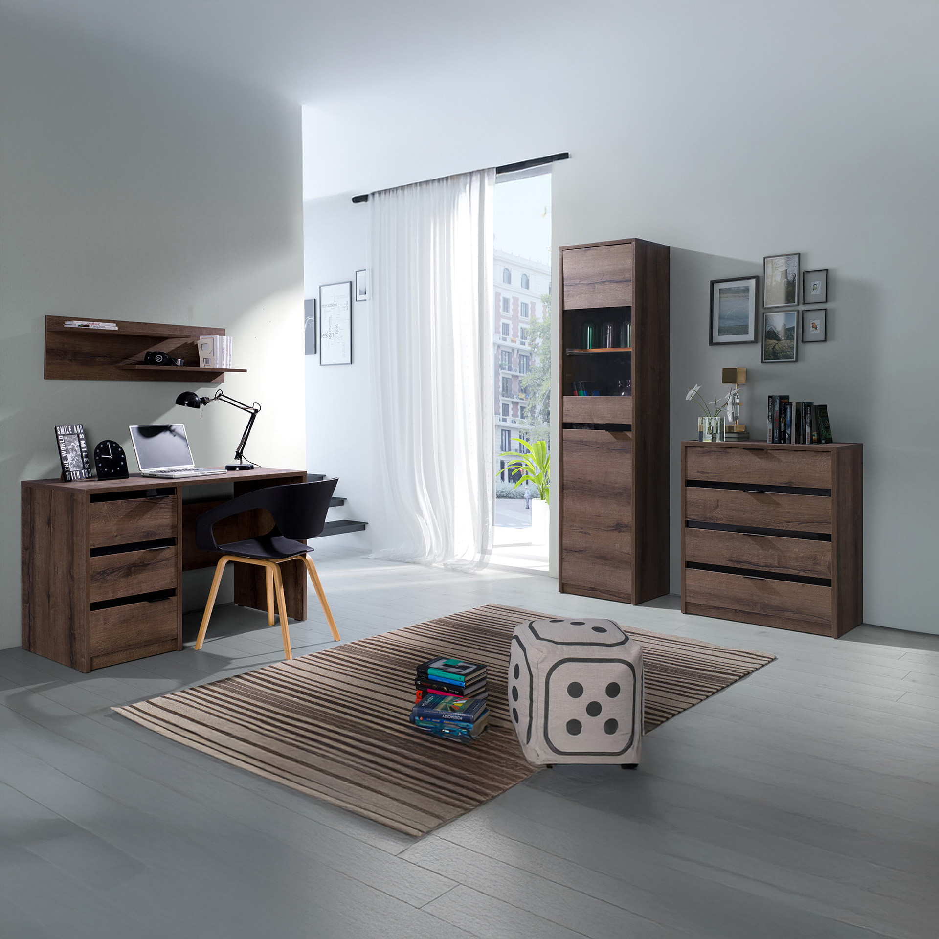 GAB Sestava nábytku - Devon 13 (Tmavý dub + Černý podklad)