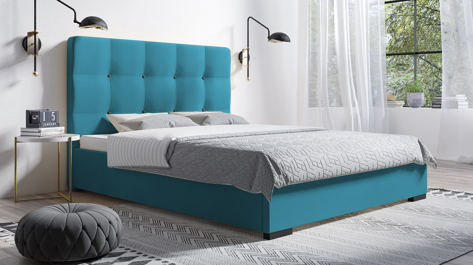 Eka Čalouněná postel Kanary 90x200 cm Barva látky Trinity: (2313) Modrá, Úložný prostor: S kovovým rámem úložného prostoru
