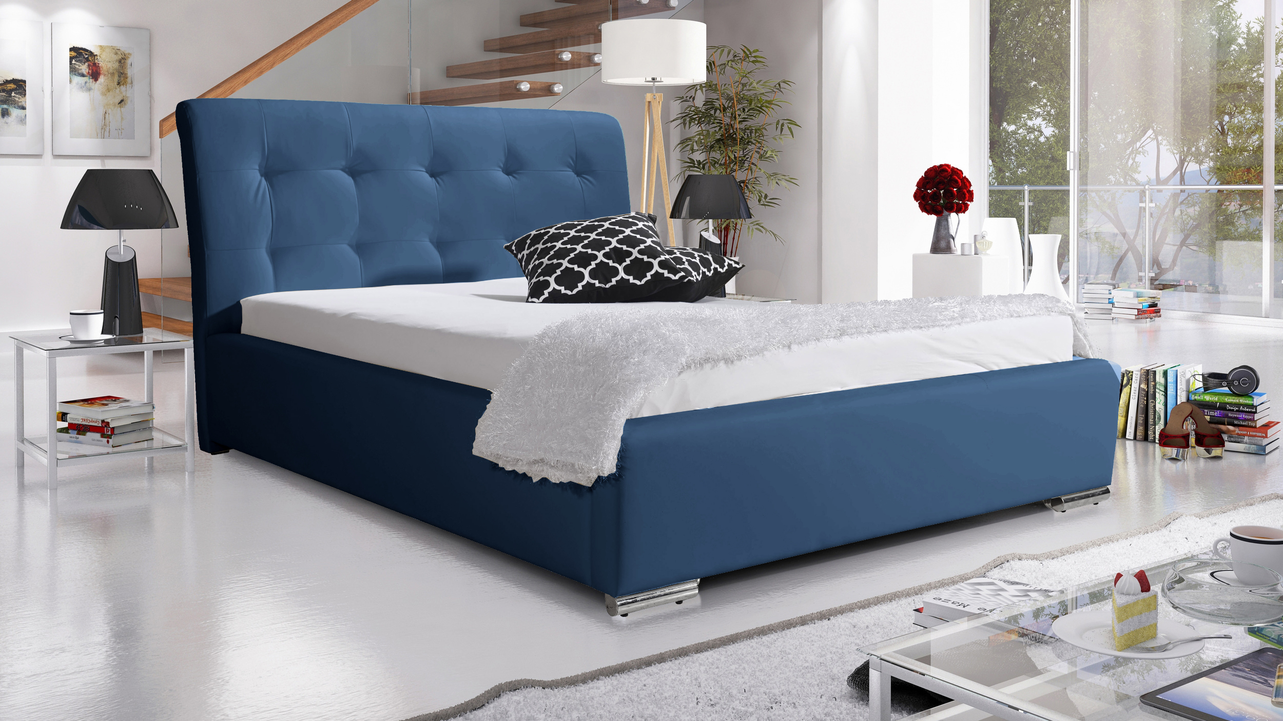 Eka Čalouněná postel Star - Eko-kůže 90x200 cm Barva látky Eko-kůže: Tmavě modrá (09), Úložný prostor: S dřevěným rámem úložného prostoru