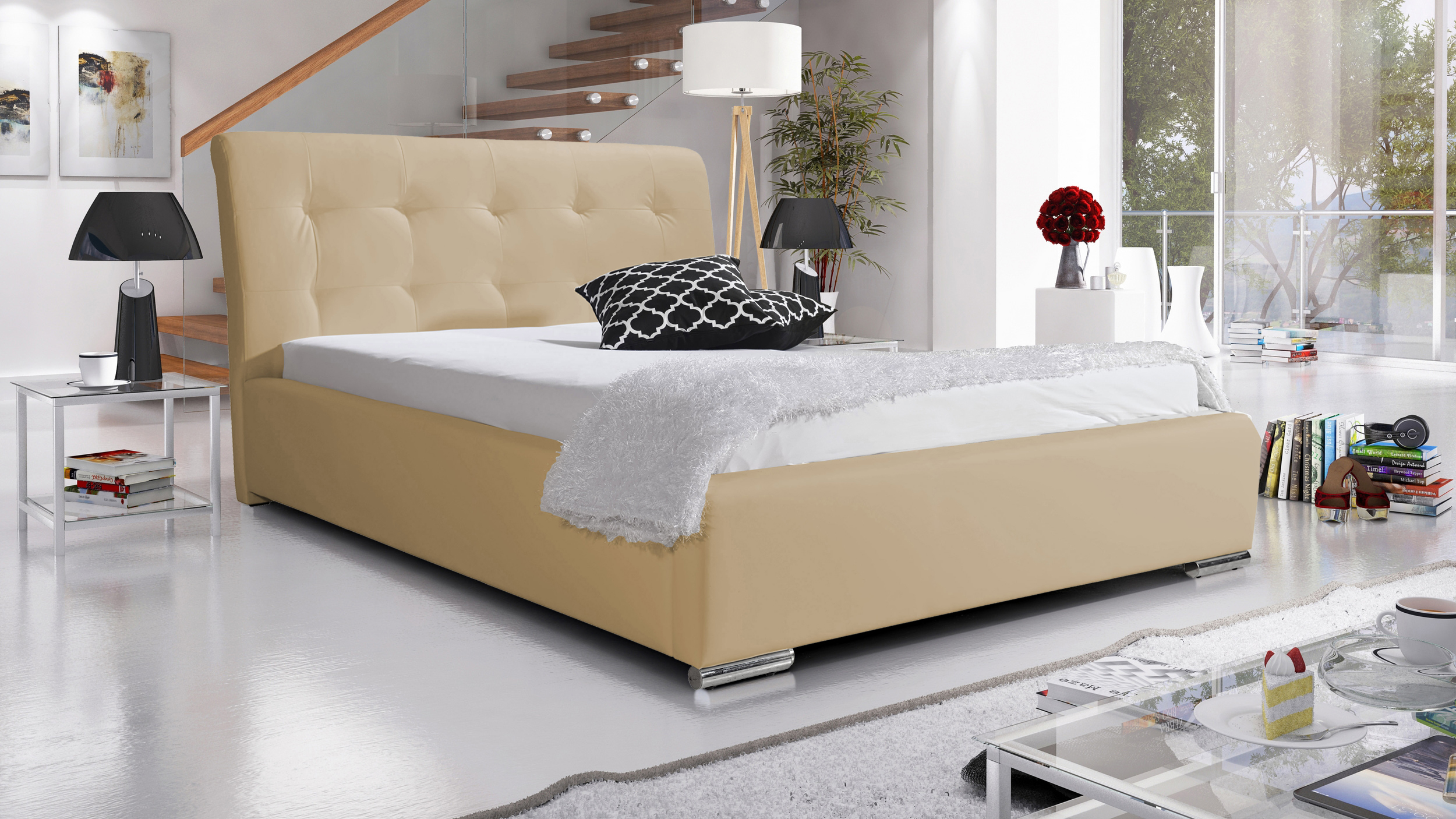 Eka Čalouněná postel Star - Eko-kůže 160x200 cm Barva látky Eko-kůže: Světlá béžová (01), Úložný prostor: S dřevěným rámem úložného prostoru