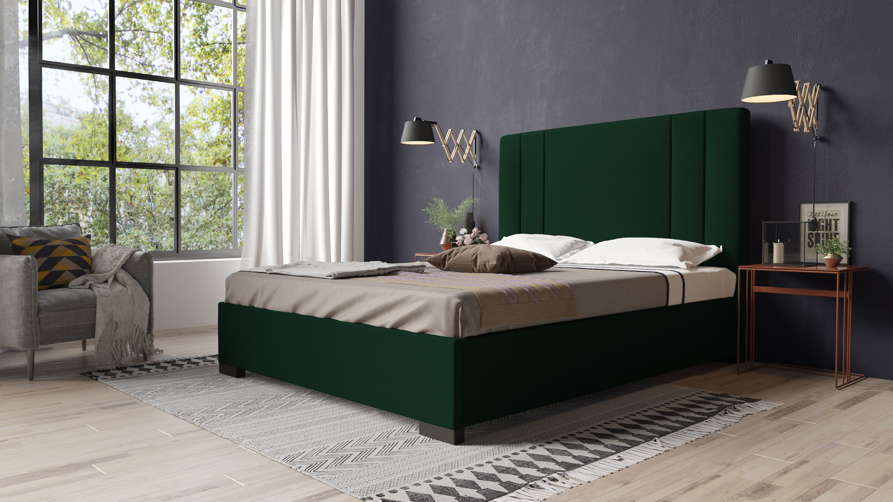 Eka Čalouněná postel Berry 90x200 cm Barva látky Riviera: Zelená (38), Úložný prostor: S kovovým rám