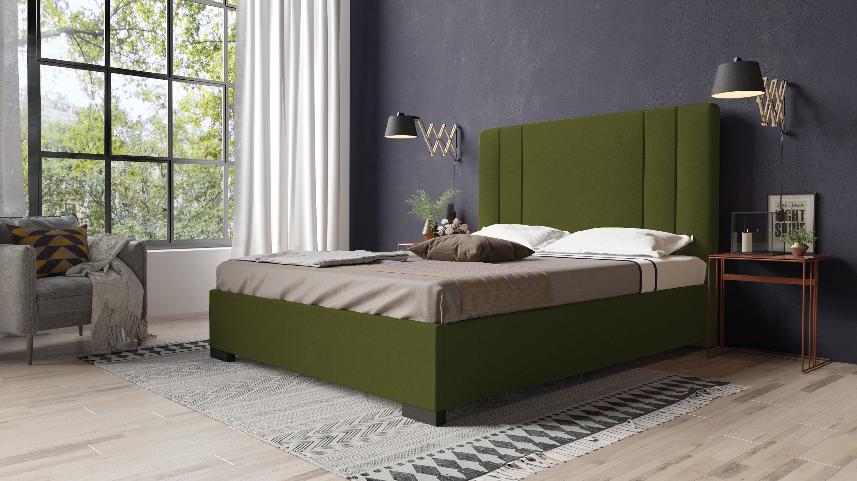 Eka Čalouněná postel Berry - Riviera 120x200 cm Barva látky Riviera: Olivová (36), Úložný prostor: S dřevěným rámem úložného prostoru
