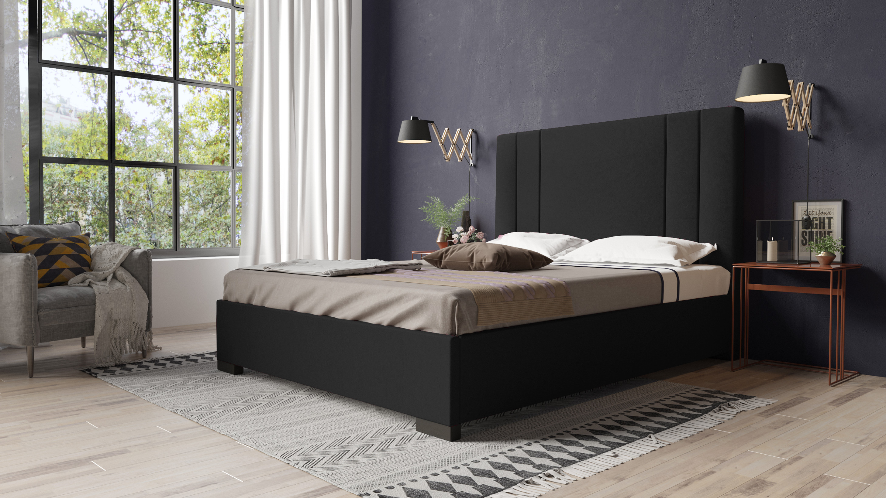 Levně Eka Čalouněná postel Berry - Riviera 180x200 cm Barva látky Riviera: Černá (97), Úložný prostor: S dřevěným rámem úložného prostoru