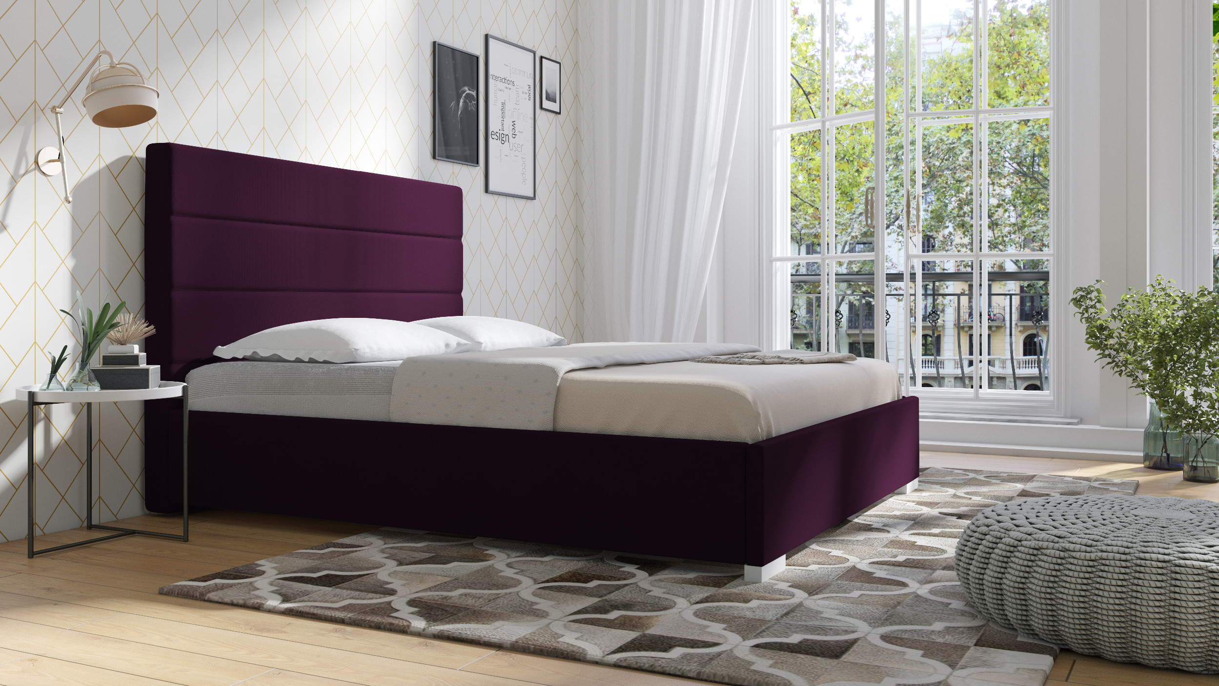 Eka Čalouněná postel Coral - Kronos 140x200 cm Barva látky: Fialová (03), Úložný prostor: S kovovým rámem úložného prostoru