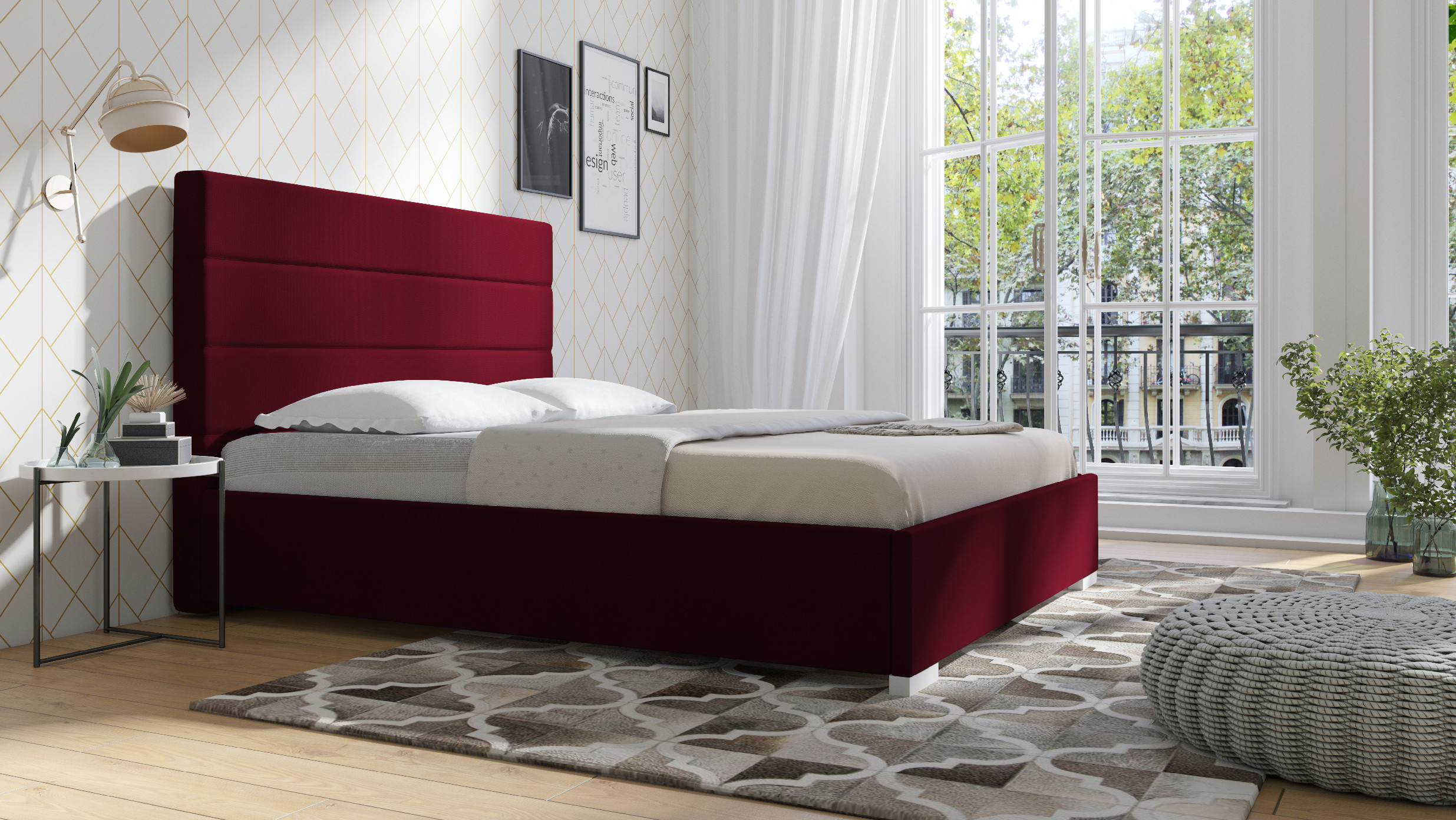 Eka Čalouněná postel Coral - Kronos 140x200 cm Barva látky: Červená (02), Úložný prostor: S dřevěným rámem úložného prostoru