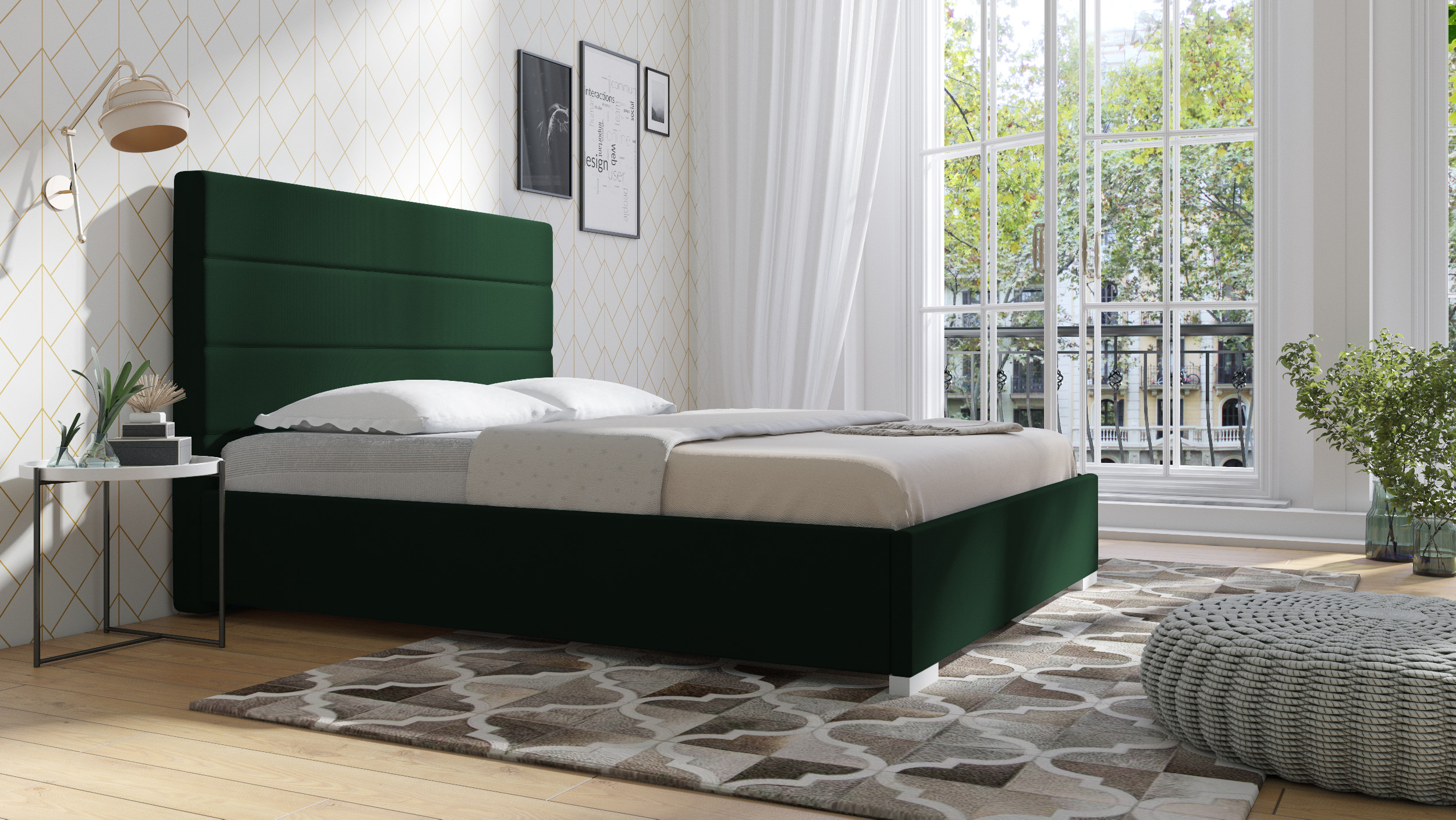 Eka Čalouněná postel Coral - Kronos 160x200 cm Barva látky: Tmavě zelená (14), Úložný prostor: Bez úložného prostoru