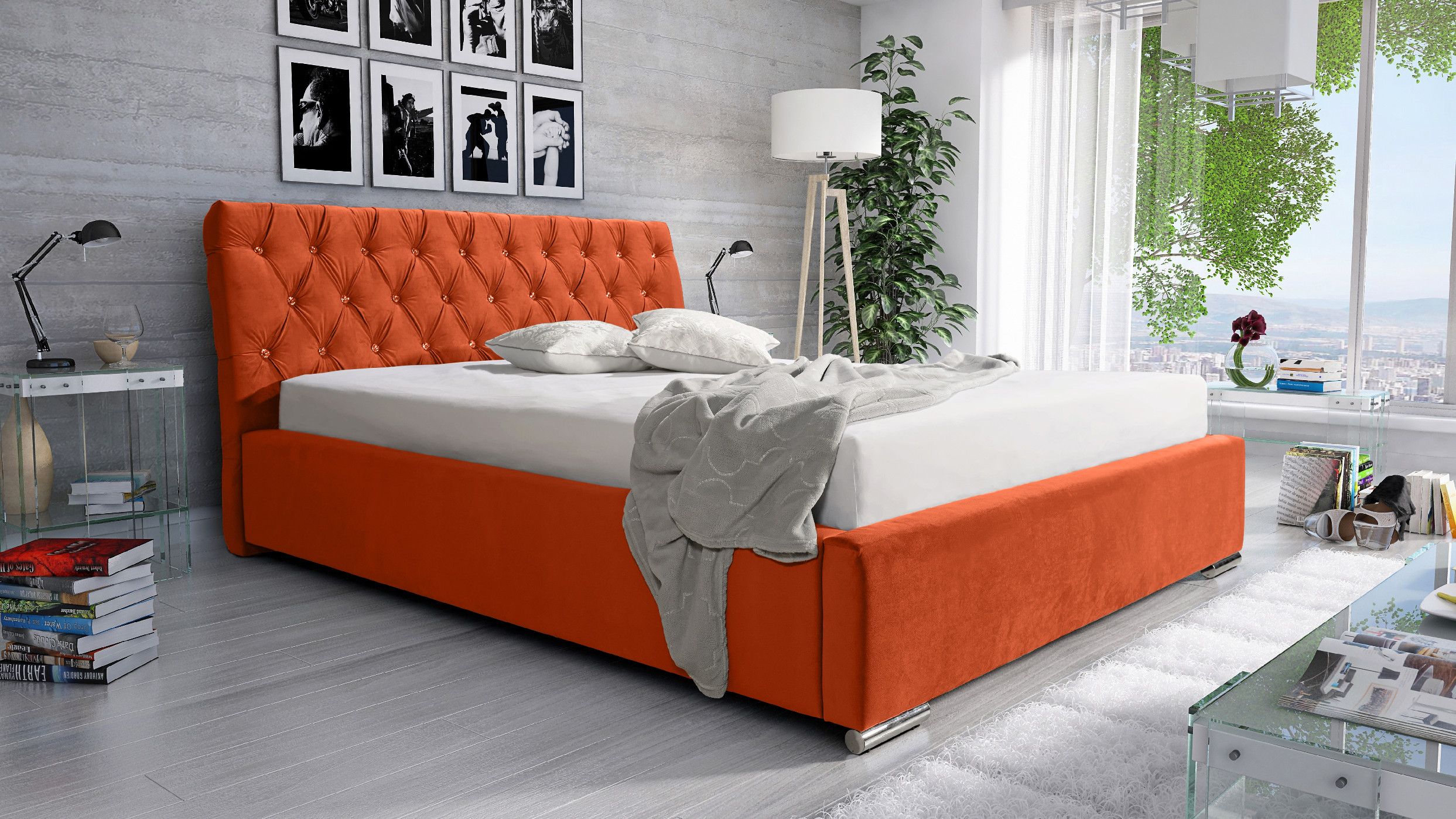 Levně Eka Čalouněná postel LUXURIOUS 160x200 cm Barva látky Trinity: (2317) Oranžová, Úložný prostor: S kovovým rámem úložného prostoru