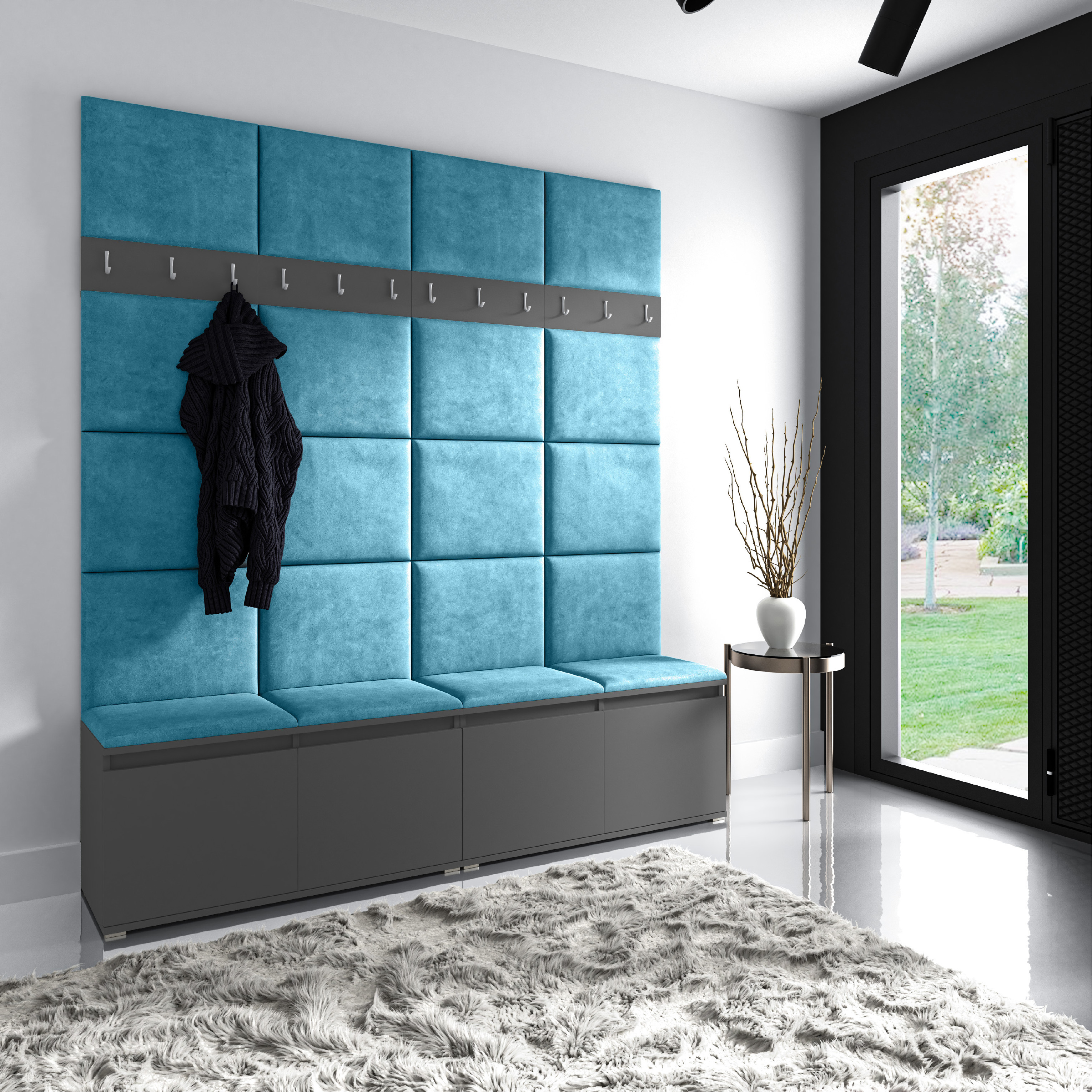 Eka Předsíňová stěna s čalouněnými panely Trinity 4 - Grafit / Azurová 2313