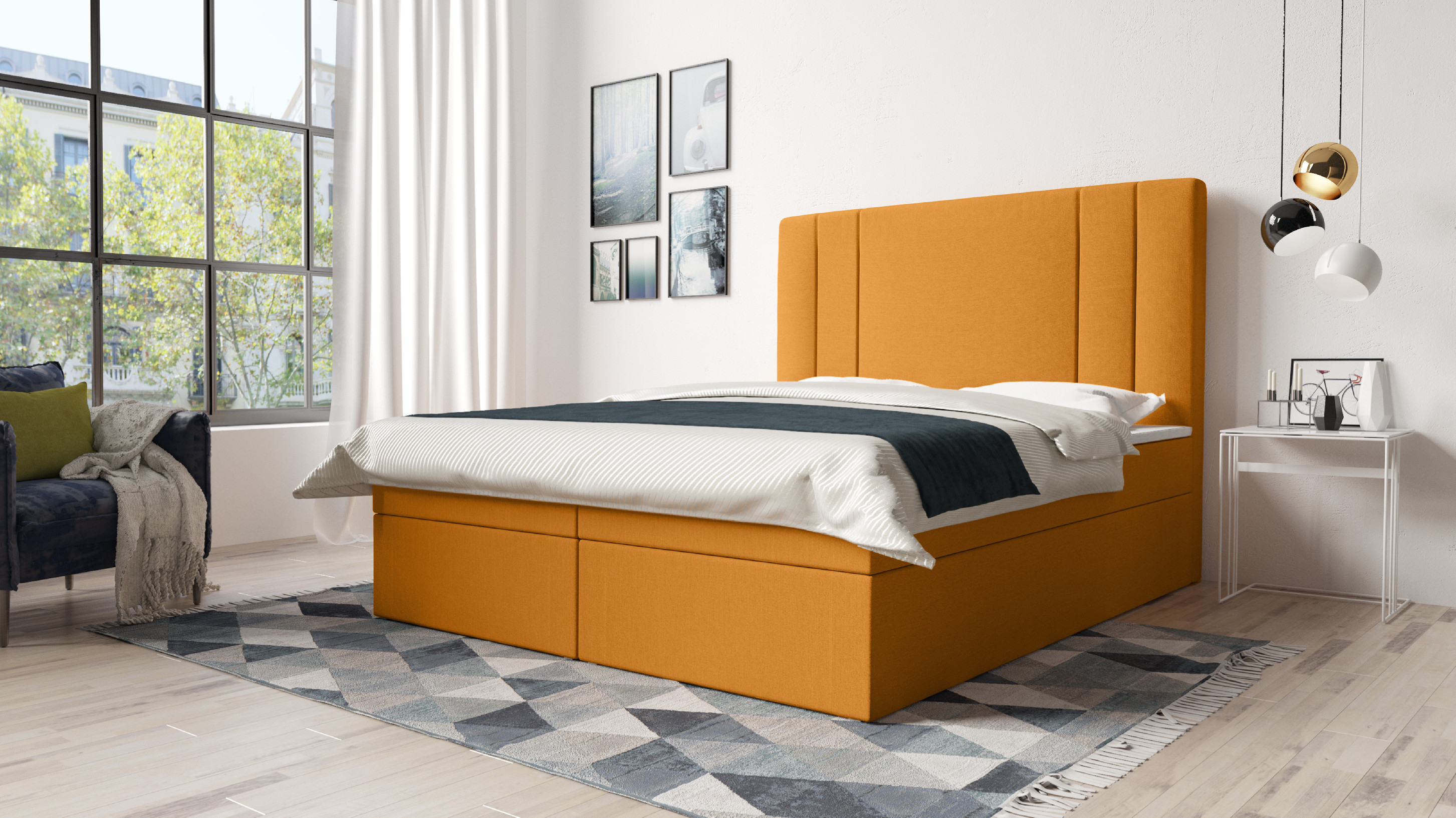 Eka Kontinentální čalouněná postel Kanary - Riviera Žlutá (160x200 cm)