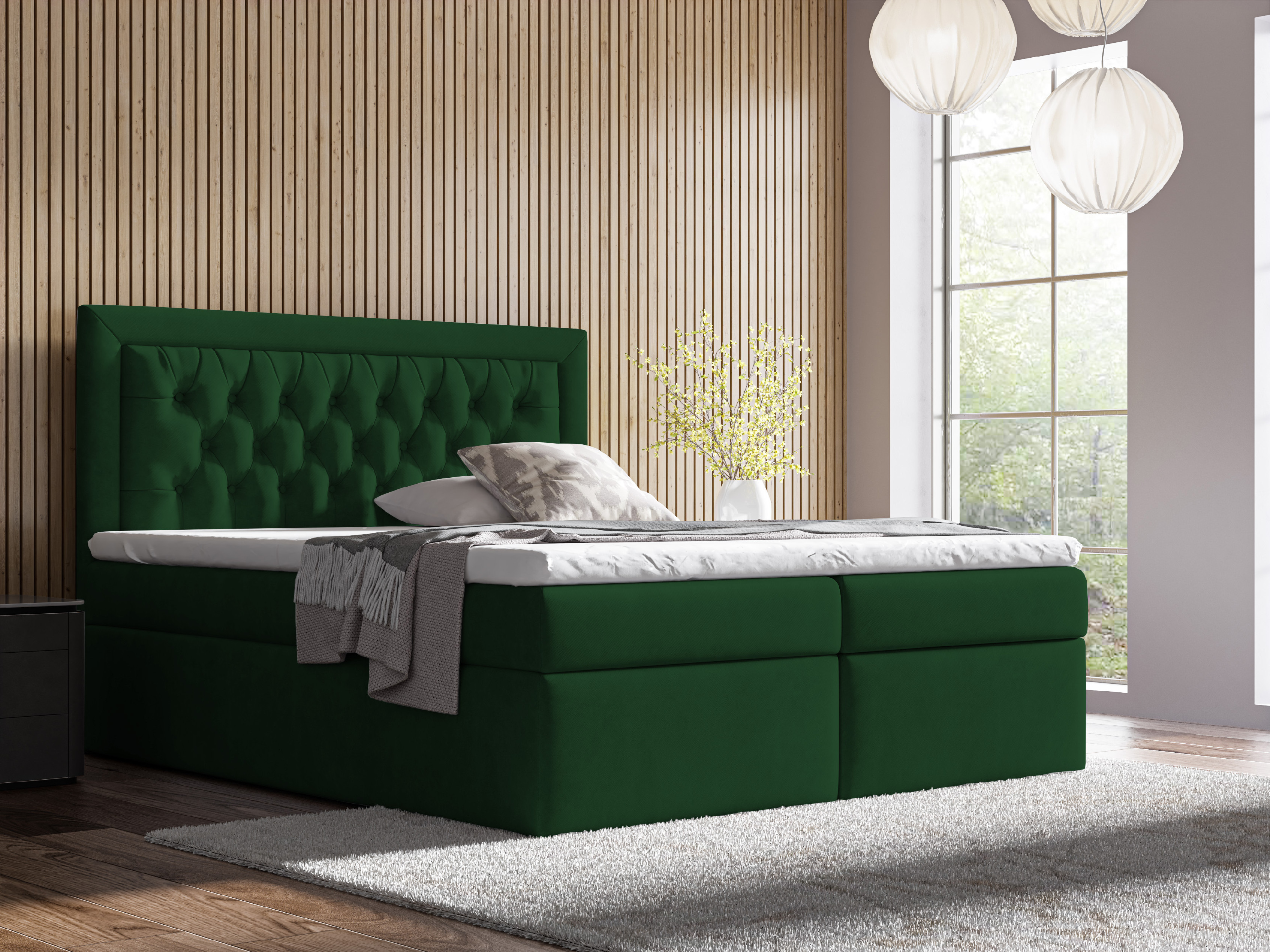 Levně Eka Kontinentální čalouněná postel Mona - Kronos (200x200 cm) Barva látky: Tmavě zelená (14)