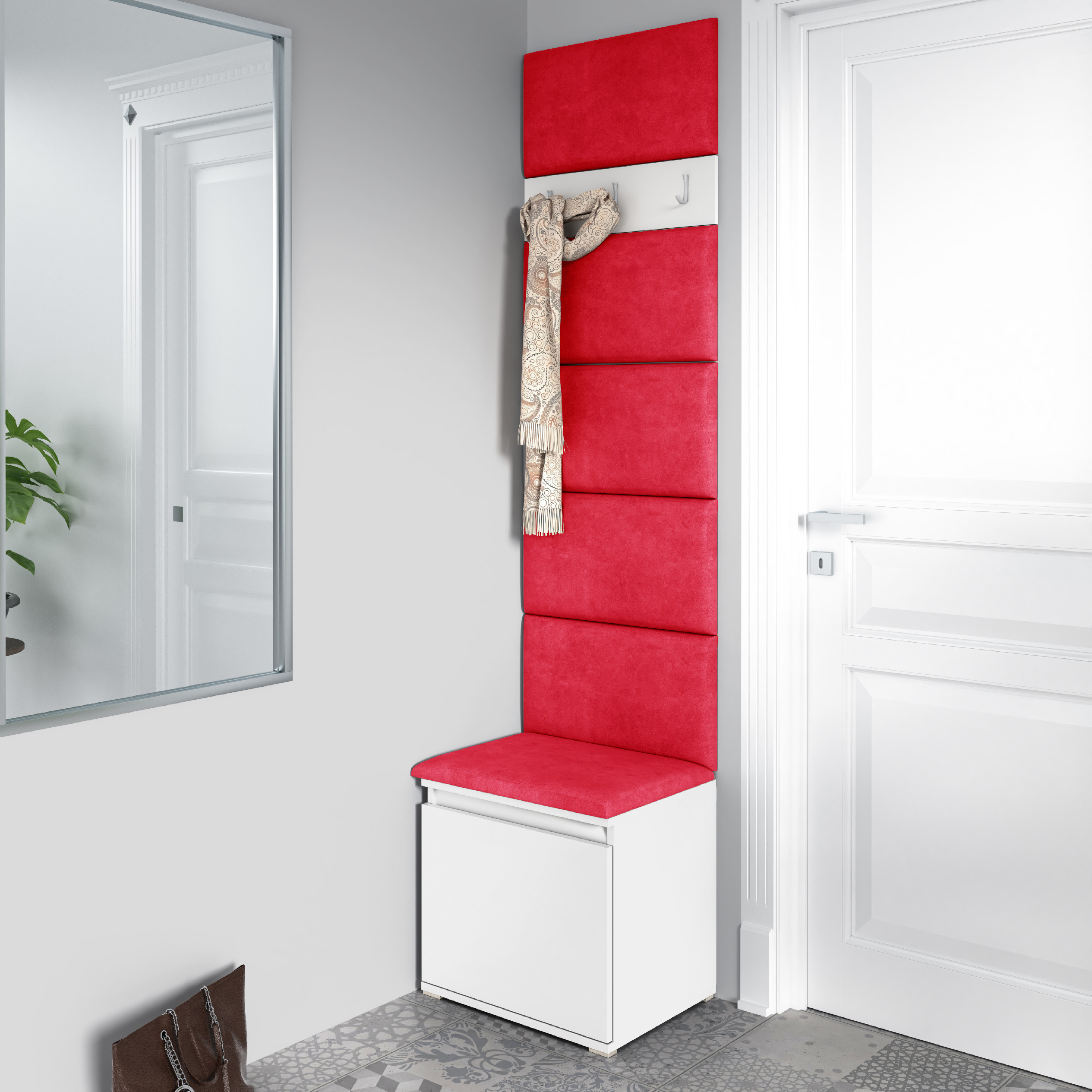 Eka Předsíňová stěna s čalouněnými panely Trinity 7 - Bílá / Červená 2309