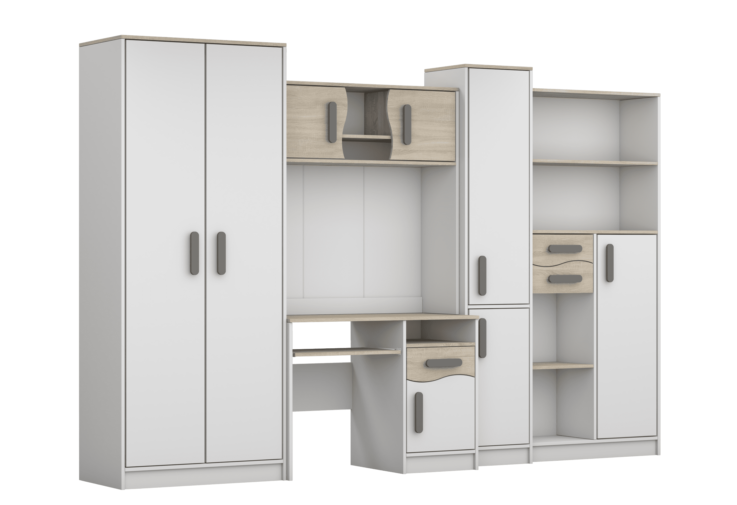 IDZ Sestava nábytku do dětského pokoje MACIUS, 300 cm Bílá + Dub Sonoma / Barevné úchytky Barva: Grafit