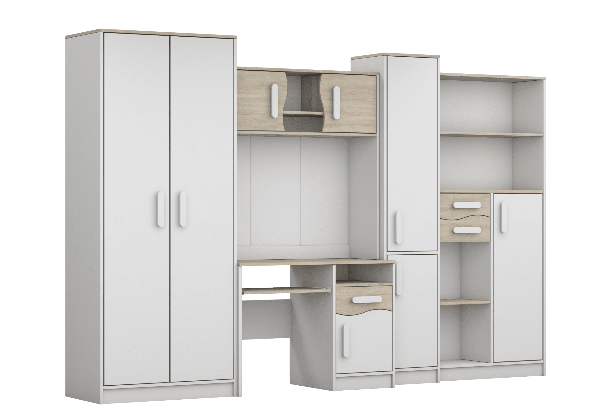 IDZ Sestava nábytku do dětského pokoje MACIUS, 300 cm Bílá + Dub Sonoma / Barevné úchytky Barva: Bílá