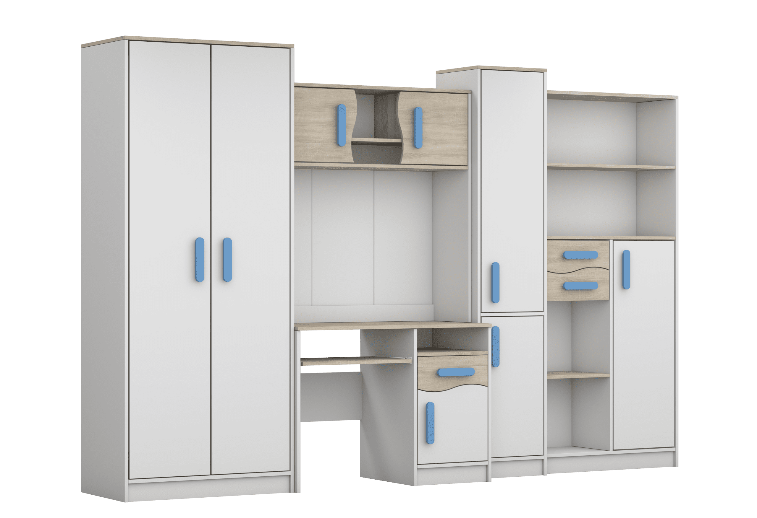 IDZ Sestava nábytku do dětského pokoje MACIUS, 300 cm Bílá + Dub Sonoma / Barevné úchytky Barva: Modrá