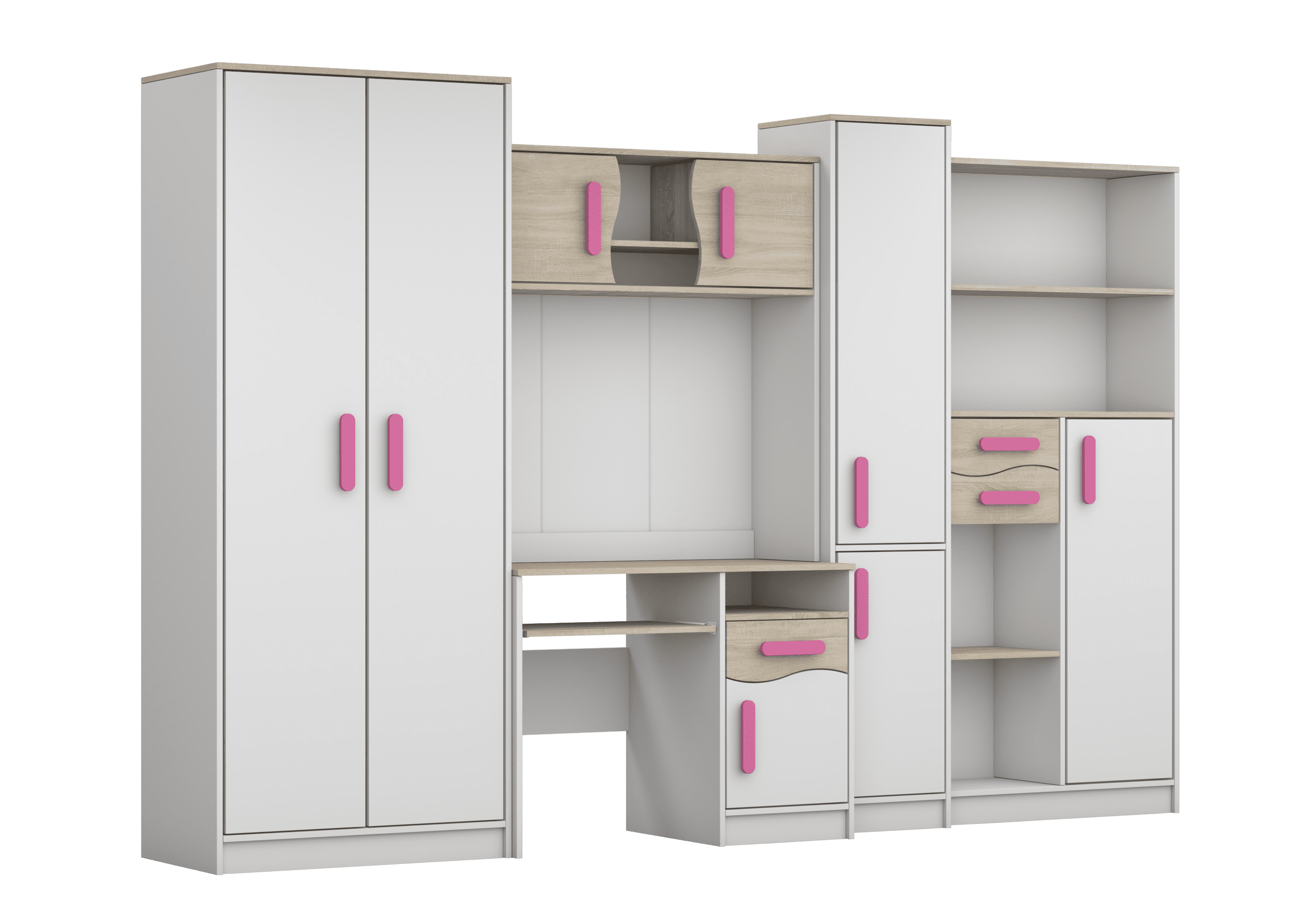 IDZ Sestava nábytku do dětského pokoje MACIUS, 300 cm Bílá + Dub Sonoma / Barevné úchytky Barva: Růžová