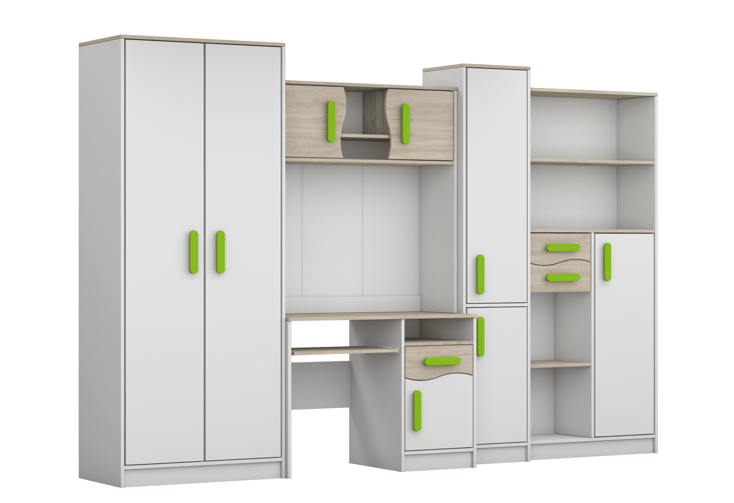IDZ Sestava nábytku do dětského pokoje MACIUS, 300 cm Bílá + Dub Sonoma / Barevné úchytky Barva: Zelená