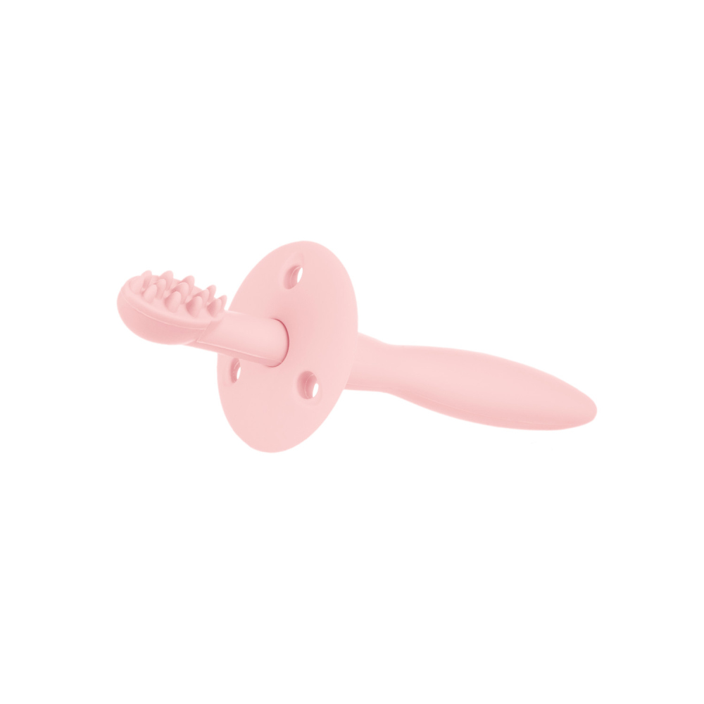 Levně Canpol babies Silikonový zubní kartáček/kousátko se štítkem růžový