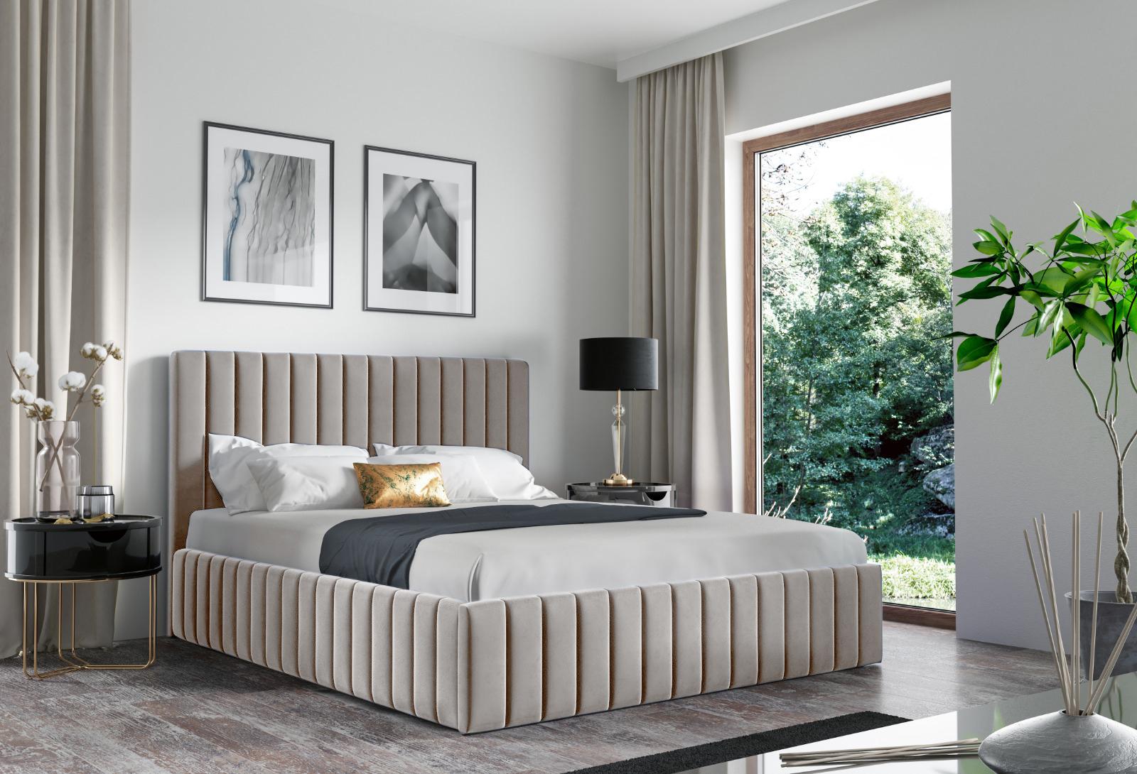 Eka Čalouněná postel INTIMA 160x200 cm Barva látky Trinity: (2305) Tmavá béžová, Úložný prostor: S dřevěným rámem úložného prostoru