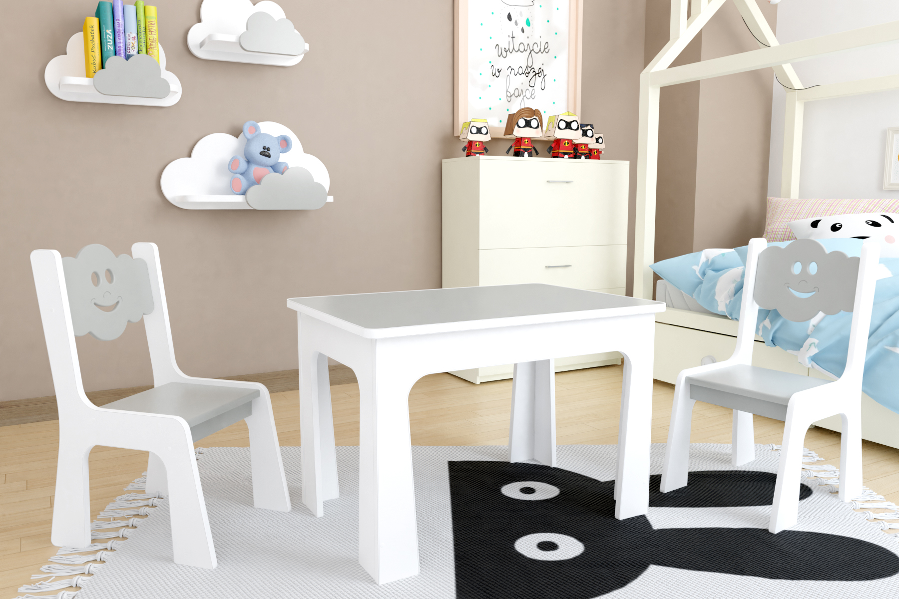 Dětský stůl a dvě židličky - šedý mráček