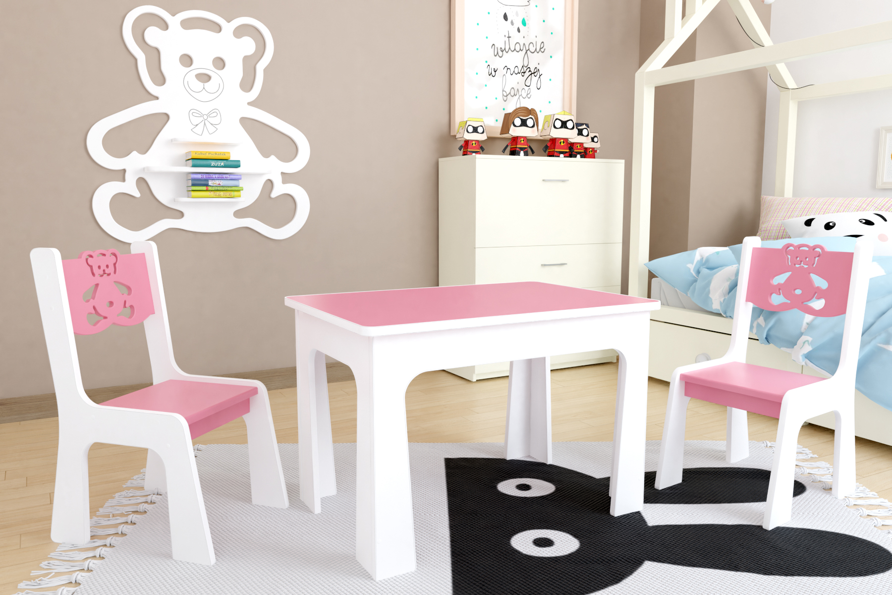 Dětský stůl a dvě židličky - růžový medvídek