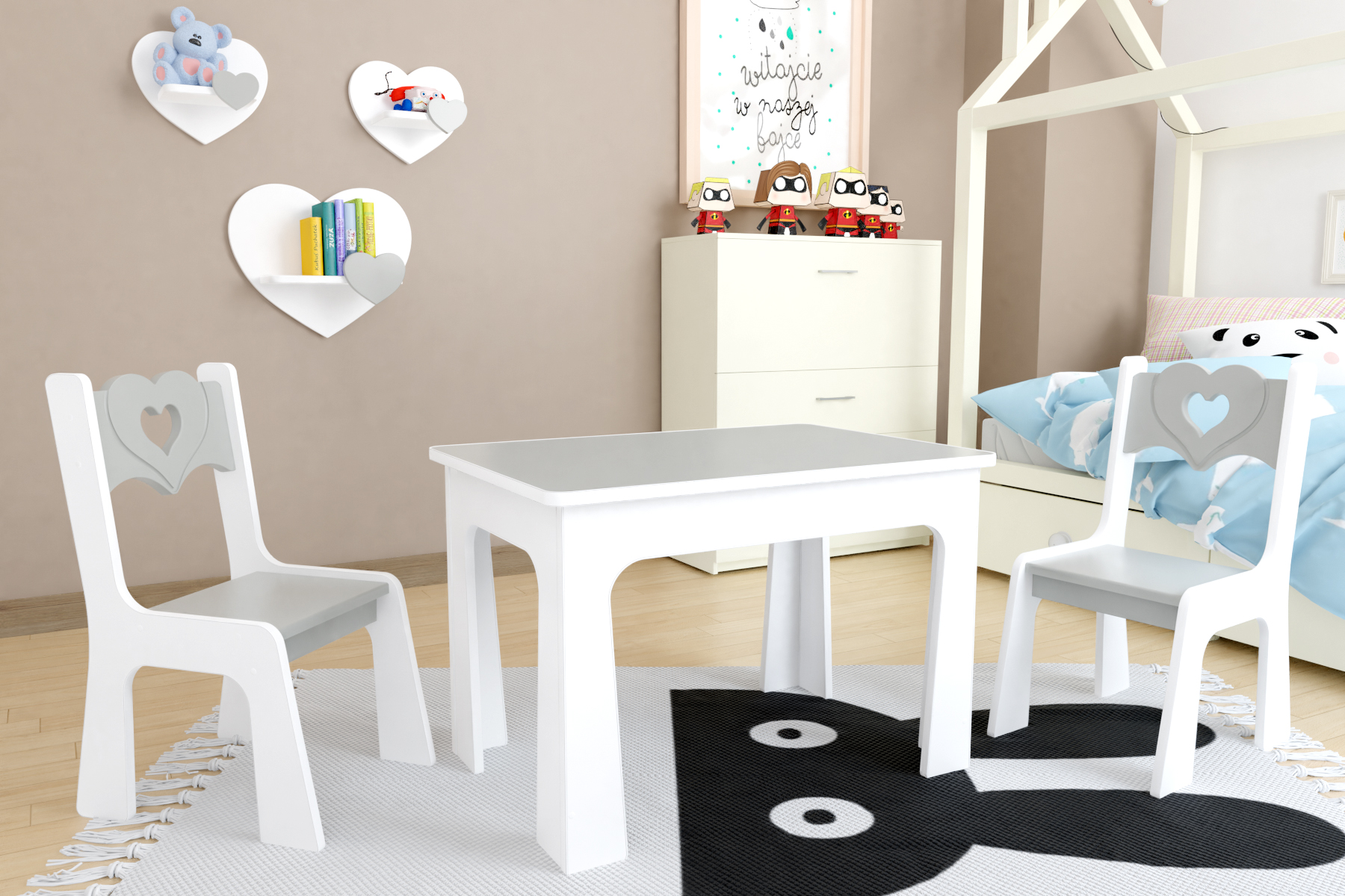 Dětský stůl a dvě židličky - šedé srdíčko