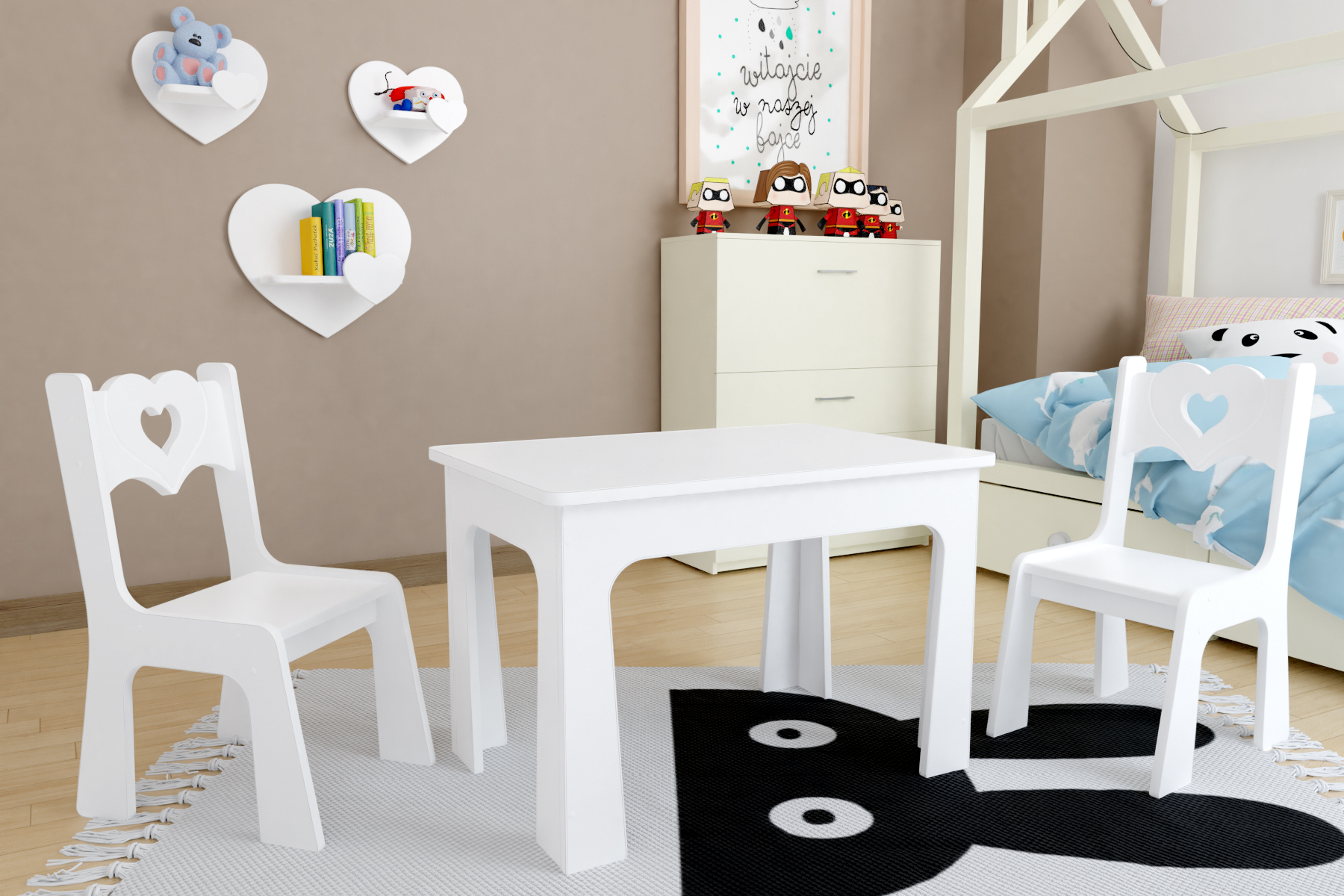 Dětský stůl a dvě židličky - bílé srdíčko