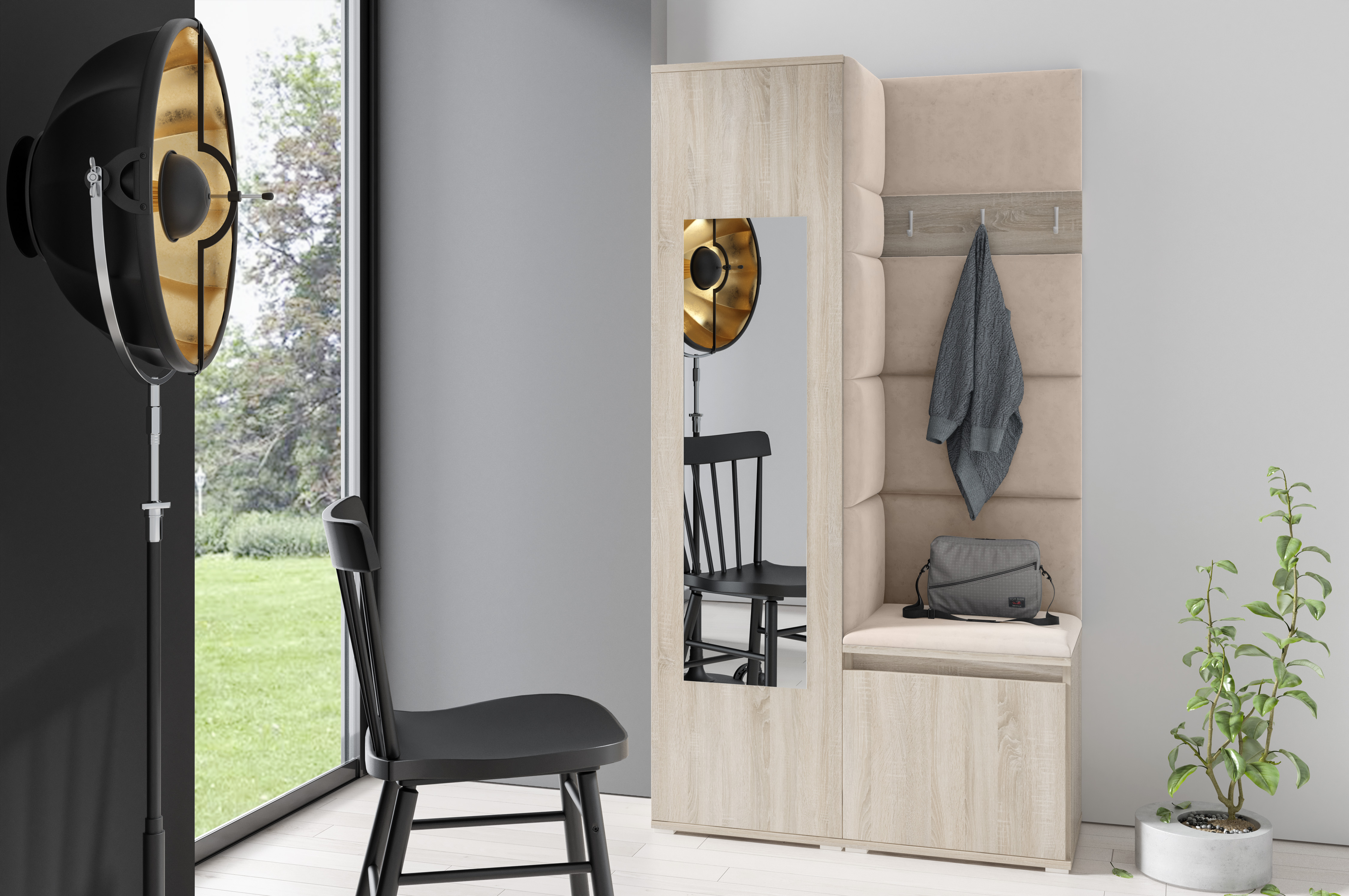 Eka Předsíňová stěna s čalouněnými panely Trinity 13 - Sonoma / Tmavá krémová 2302