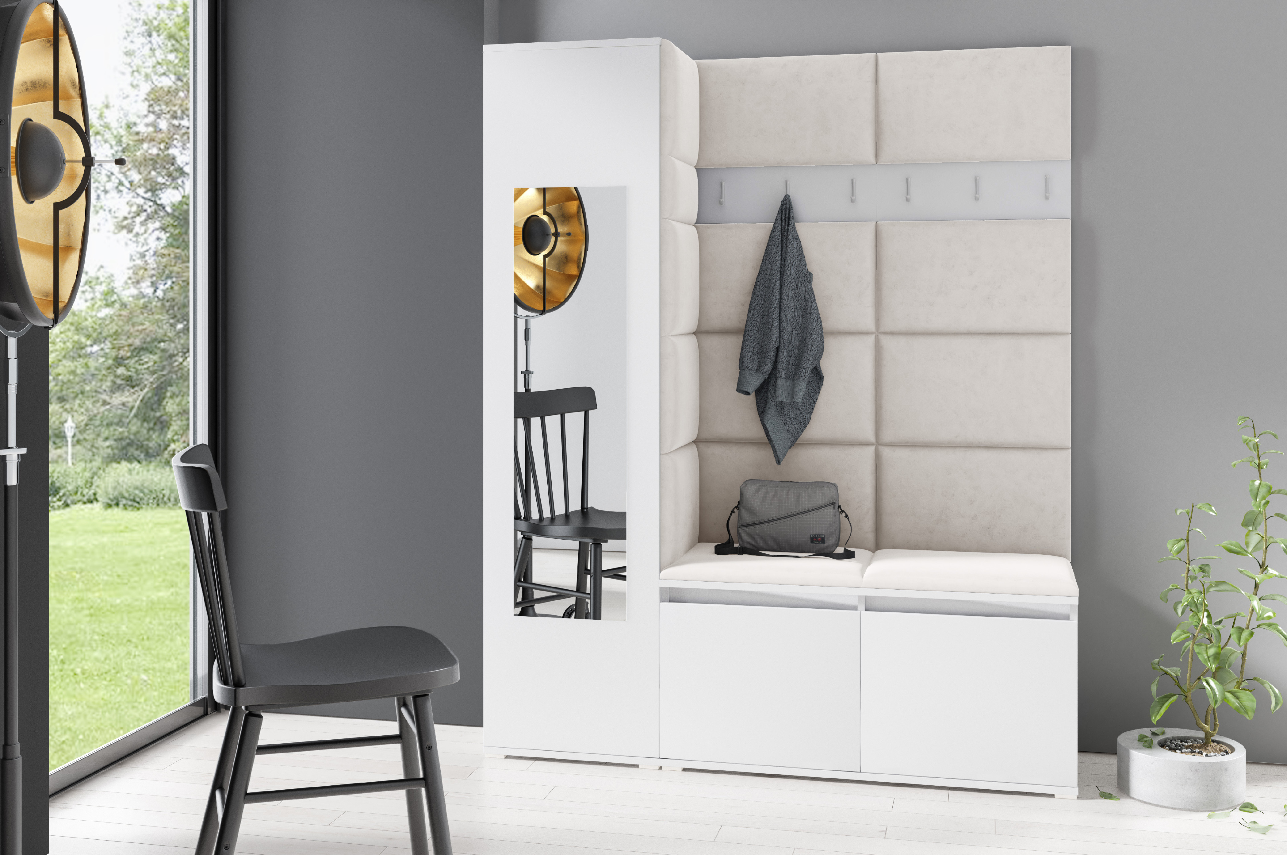 Eka Předsíňová stěna s čalouněnými panely Trinity 14 - Bílá / Krémová bílá 2301