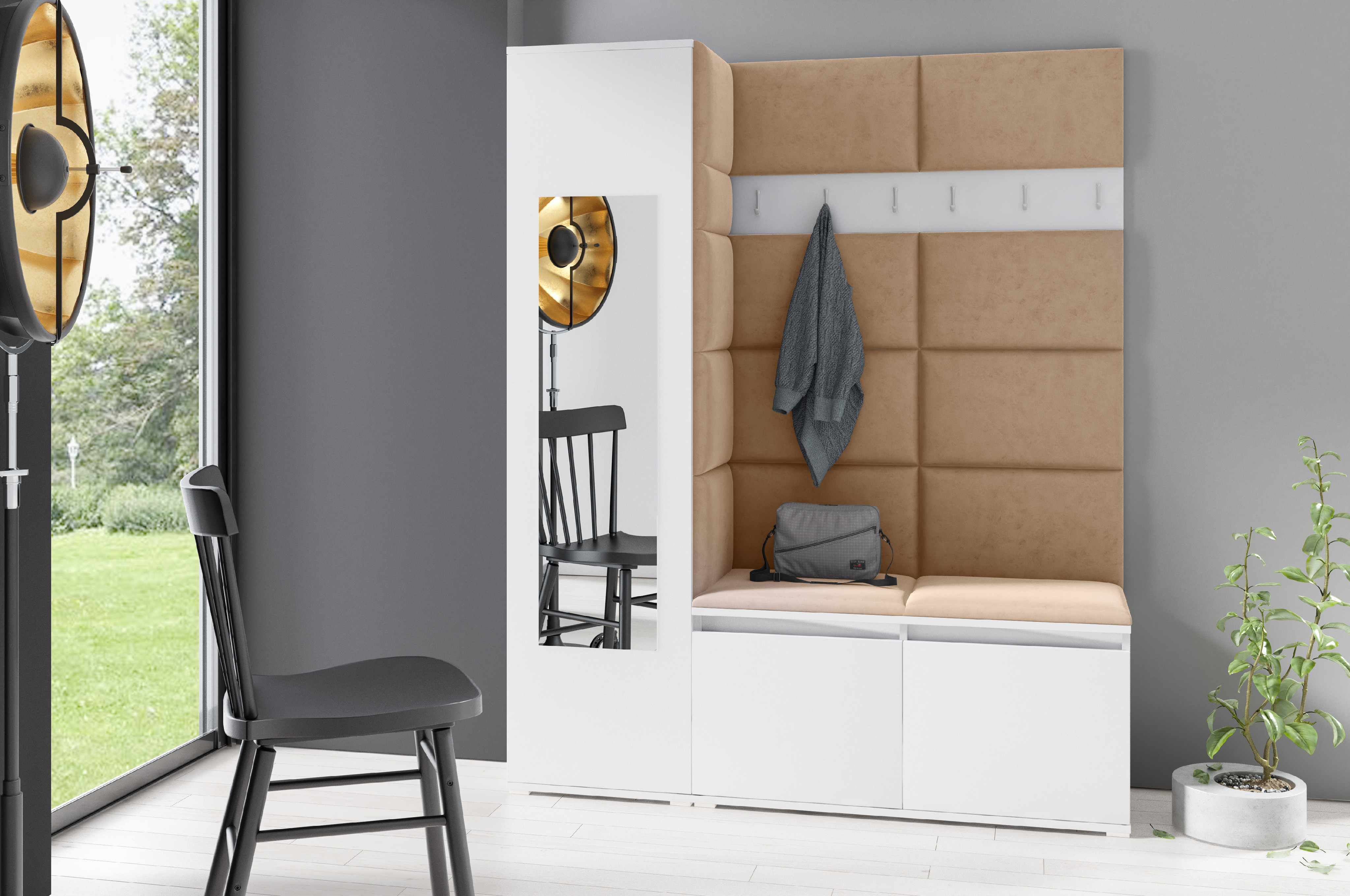 Eka Předsíňová stěna s čalouněnými panely Trinity 14 - Bílá / Béžová 2304