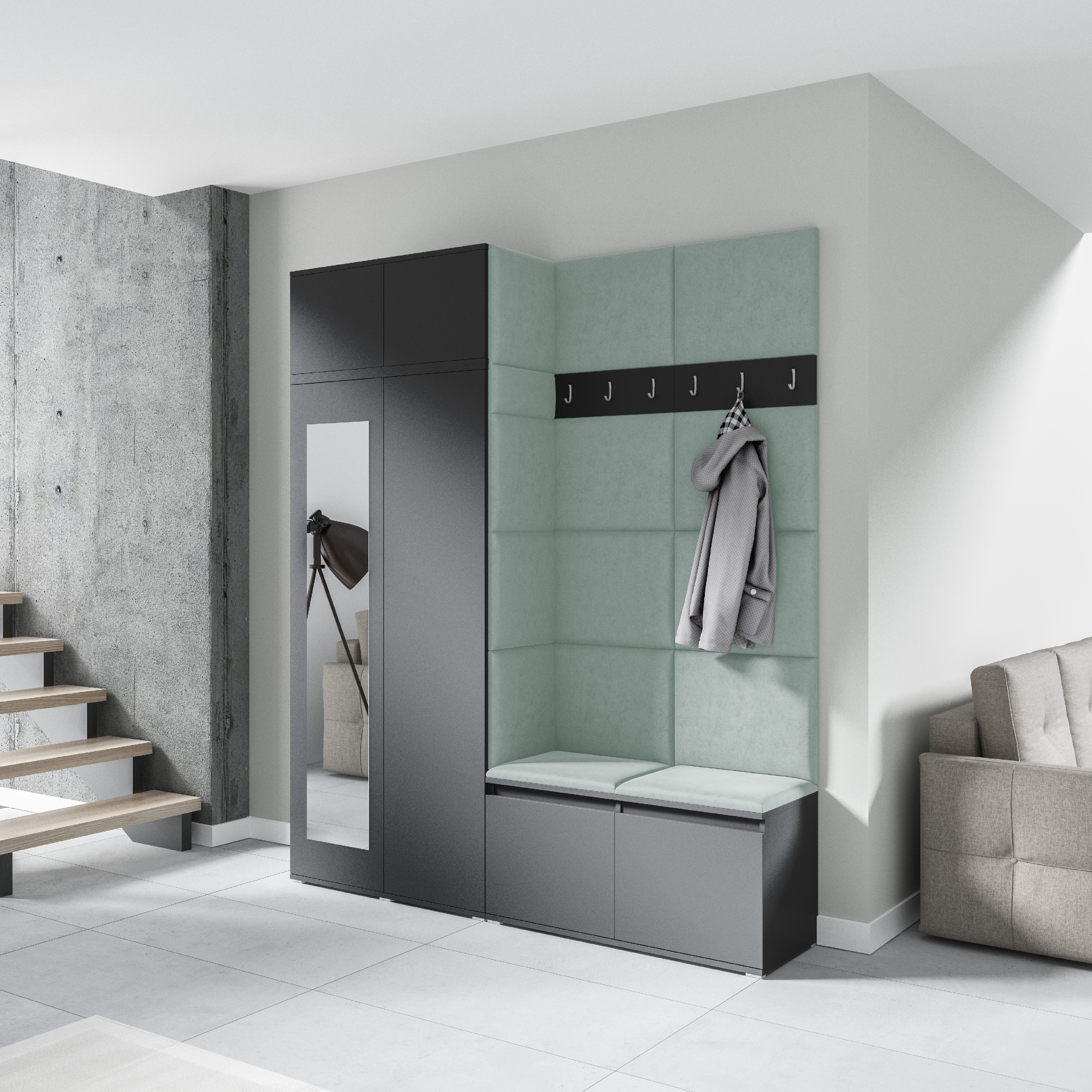 Eka Předsíňová stěna s čalouněnými panely Trinity 19 - Grafit / Světlá zelená 2321