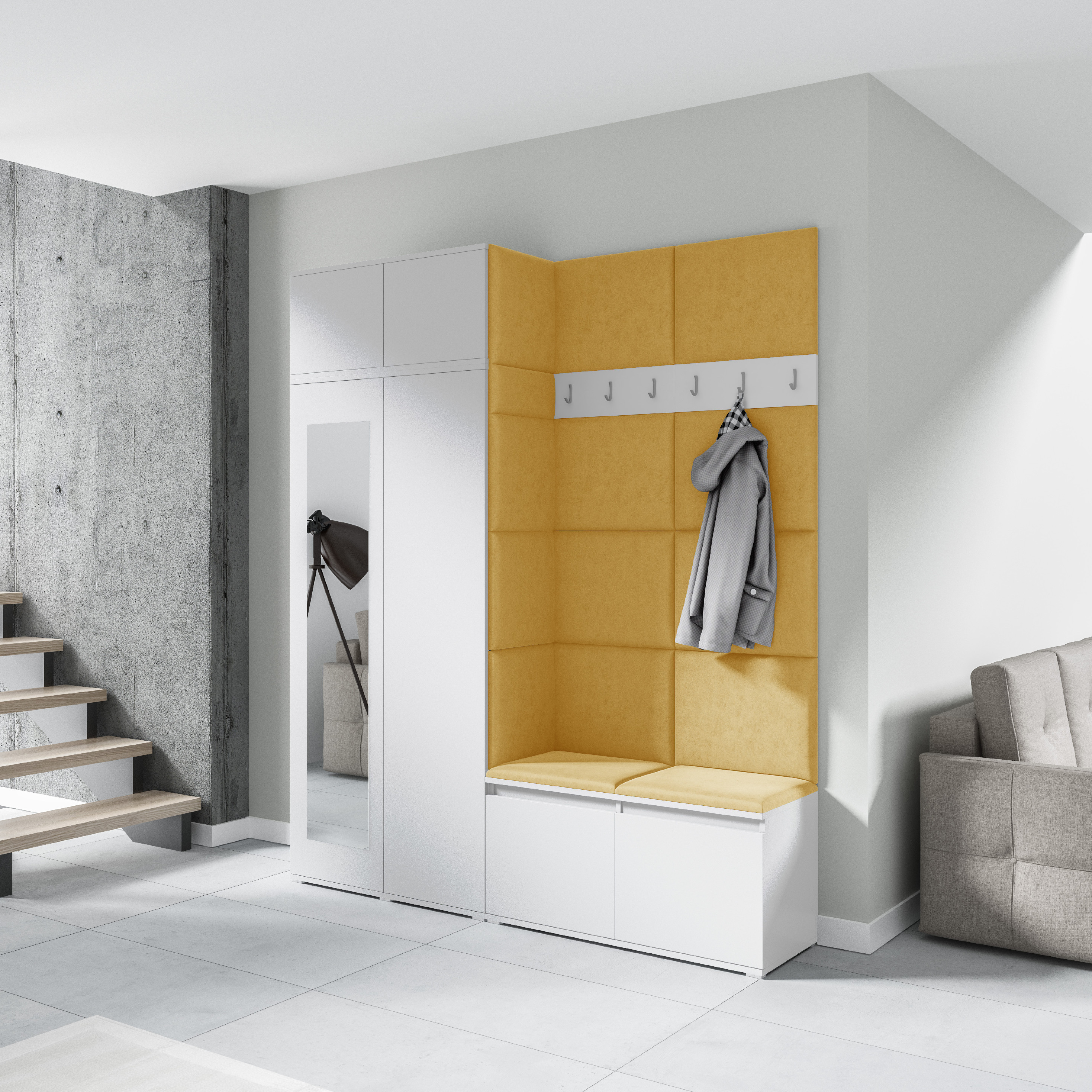 Eka Předsíňová stěna s čalouněnými panely Trinity 19 - Bílá / Žlutá 2318