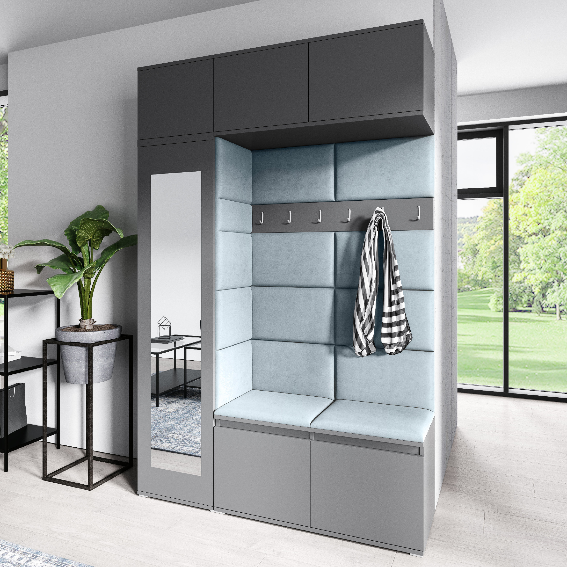 Eka Předsíňová stěna s čalouněnými panely Trinity 21 - Grafit / Světlá modrá 2322