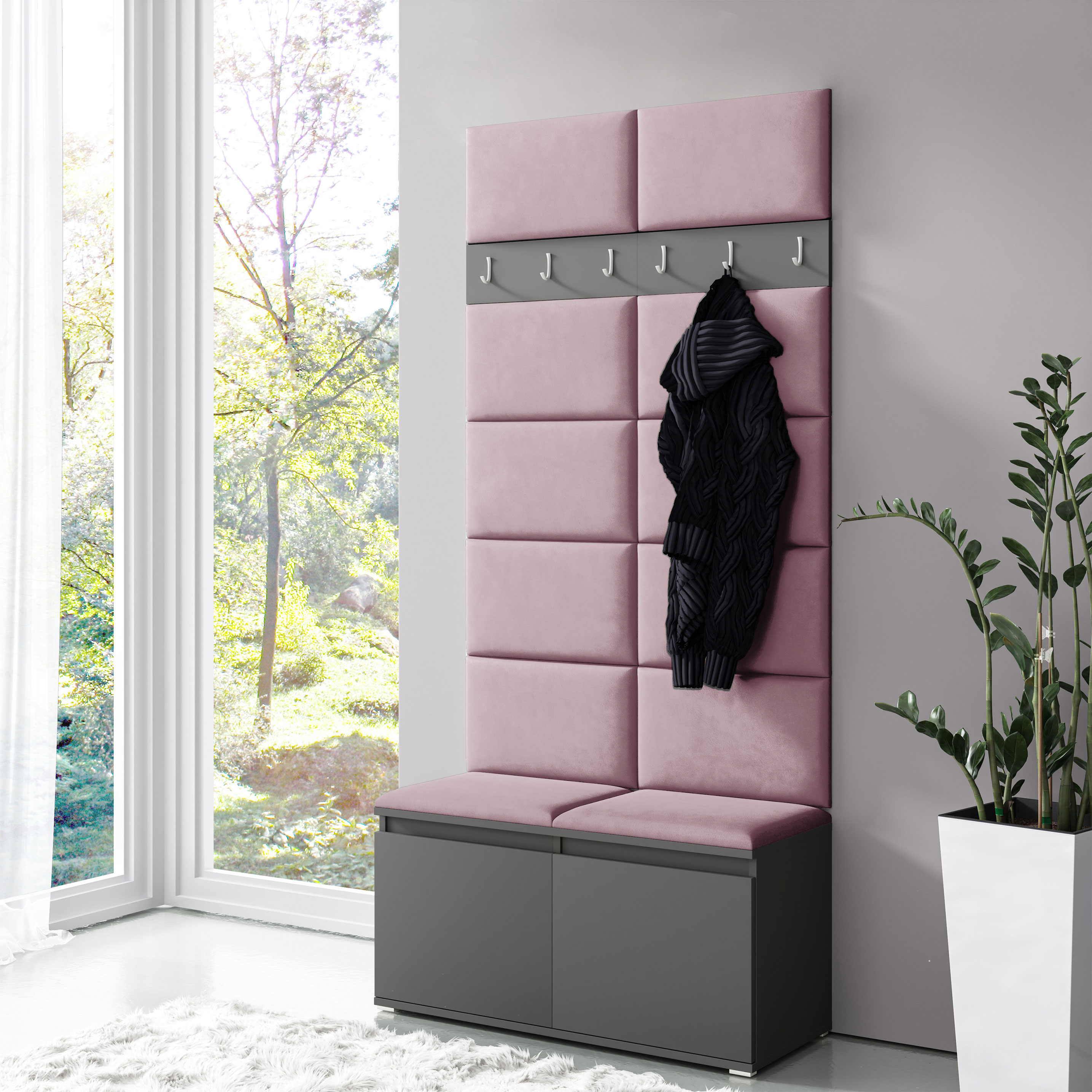 Eka Předsíňová stěna s čalouněnými panely Trinity 1 - Grafit / Světlá růžová 2319