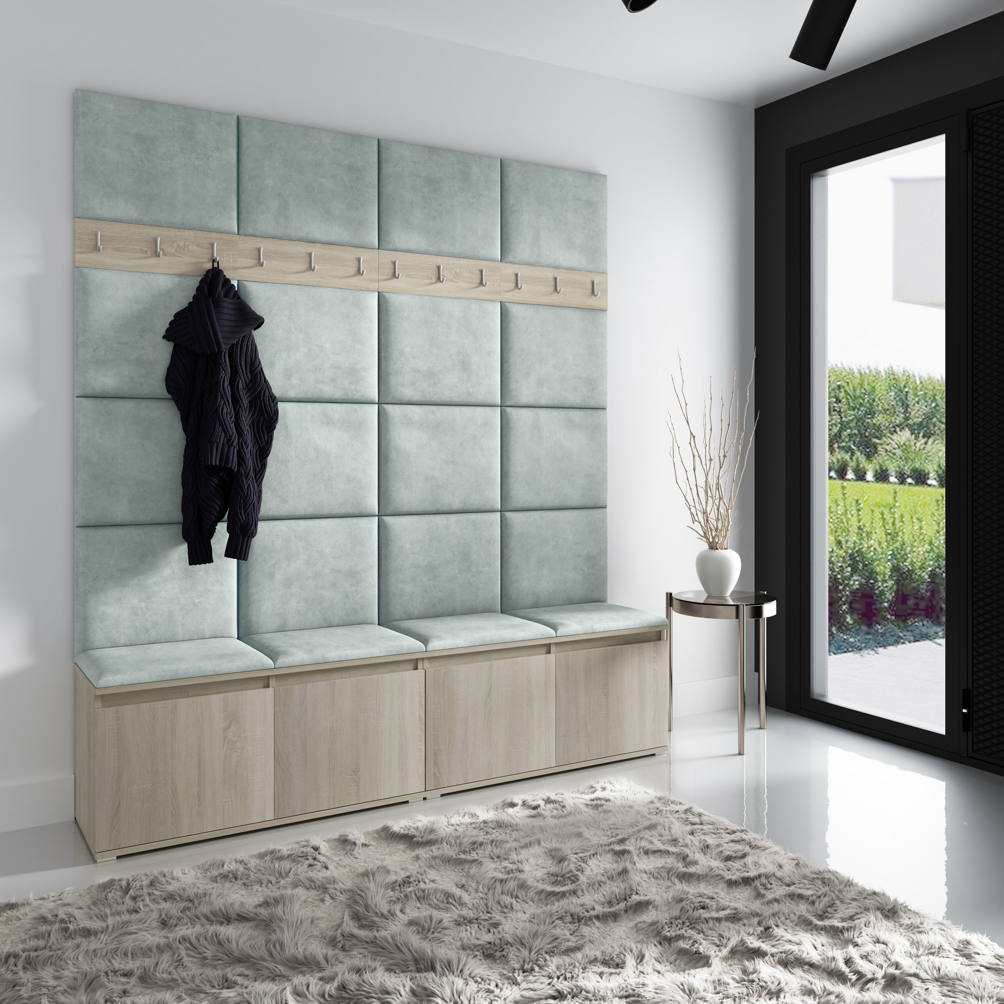 Eka Předsíňová stěna s čalouněnými panely Trinity 4 - Sonoma / Světlá zelená 2321