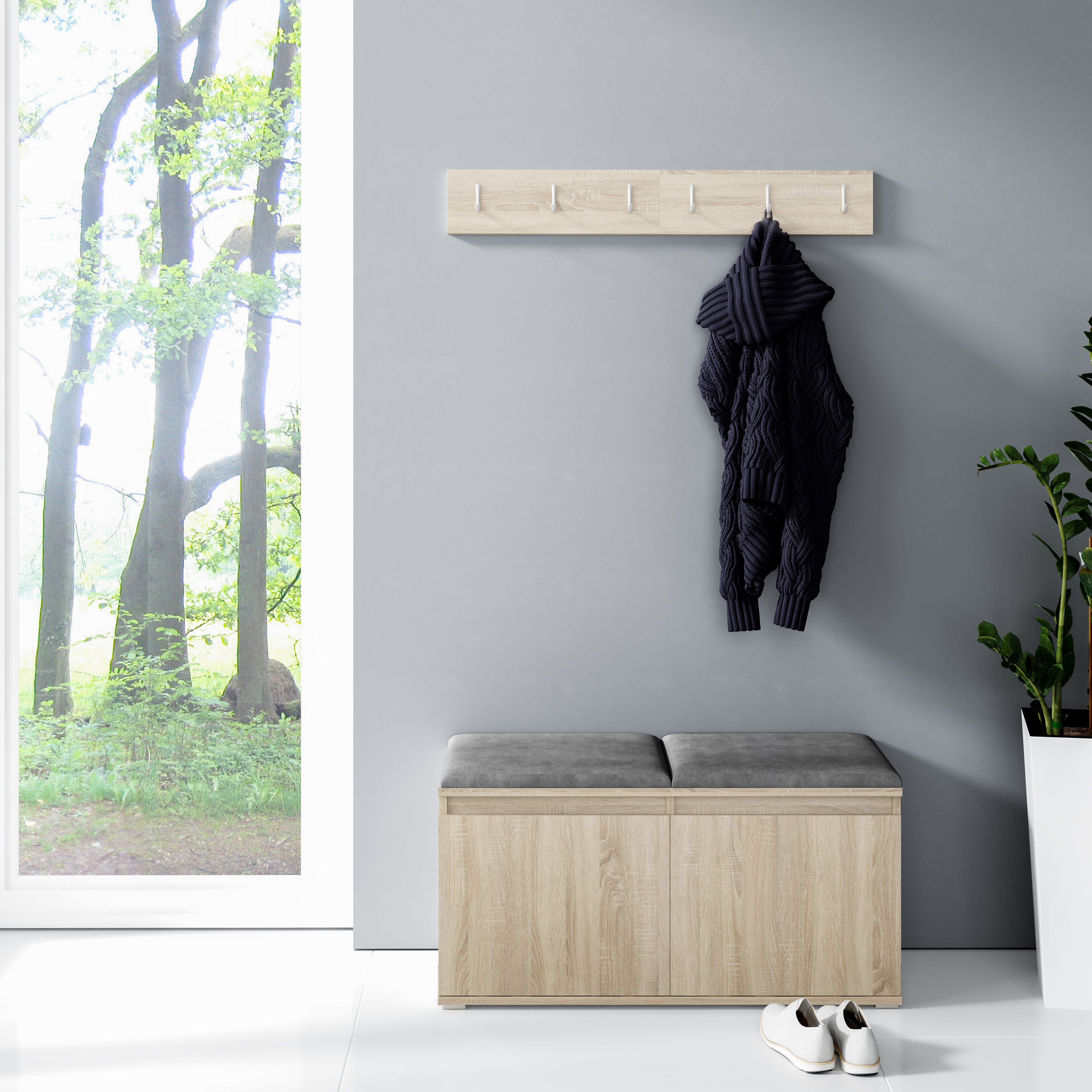 Eka Předsíňová stěna s čalouněnými panely Trinity 5 - Sonoma / Tmavá šedá 2315