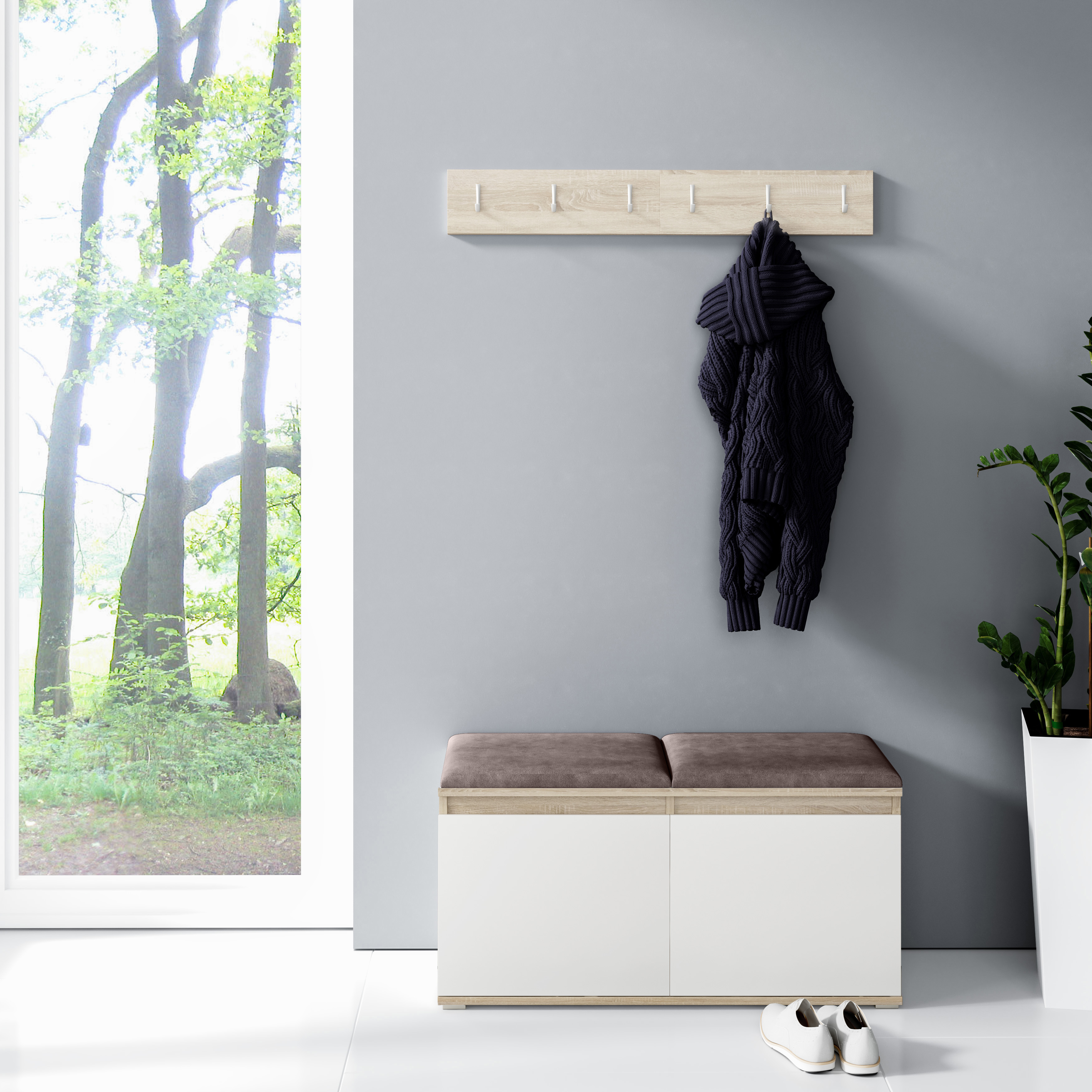 Eka Předsíňová stěna s čalouněnými panely Trinity 5 - Bílá sonoma / Tmavá hnědá 2308