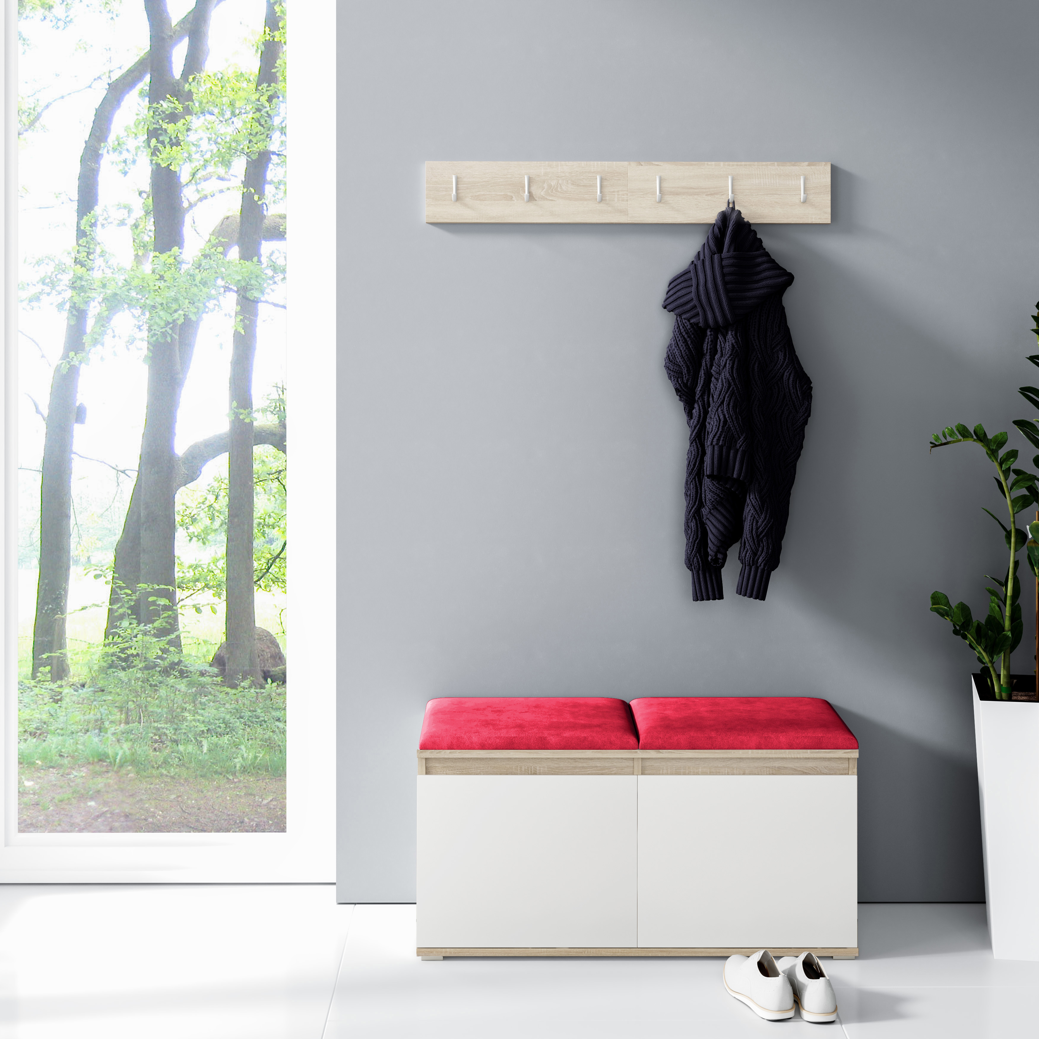 Eka Předsíňová stěna s čalouněnými panely Trinity 5 - Bílá sonoma / Červená 2309