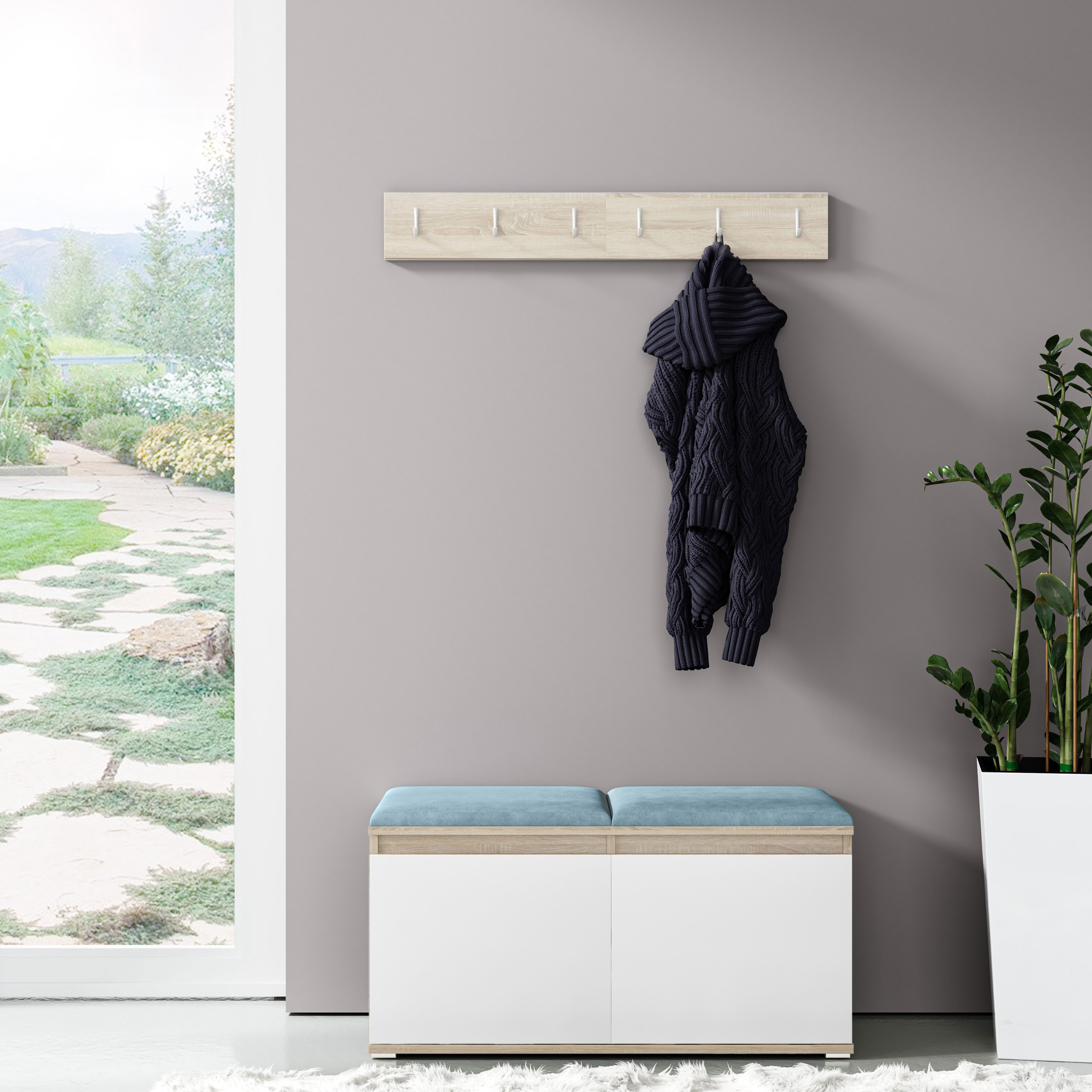 Eka Předsíňová stěna s čalouněnými panely Trinity 5 - Bílá sonoma / Světlá modrá 2322