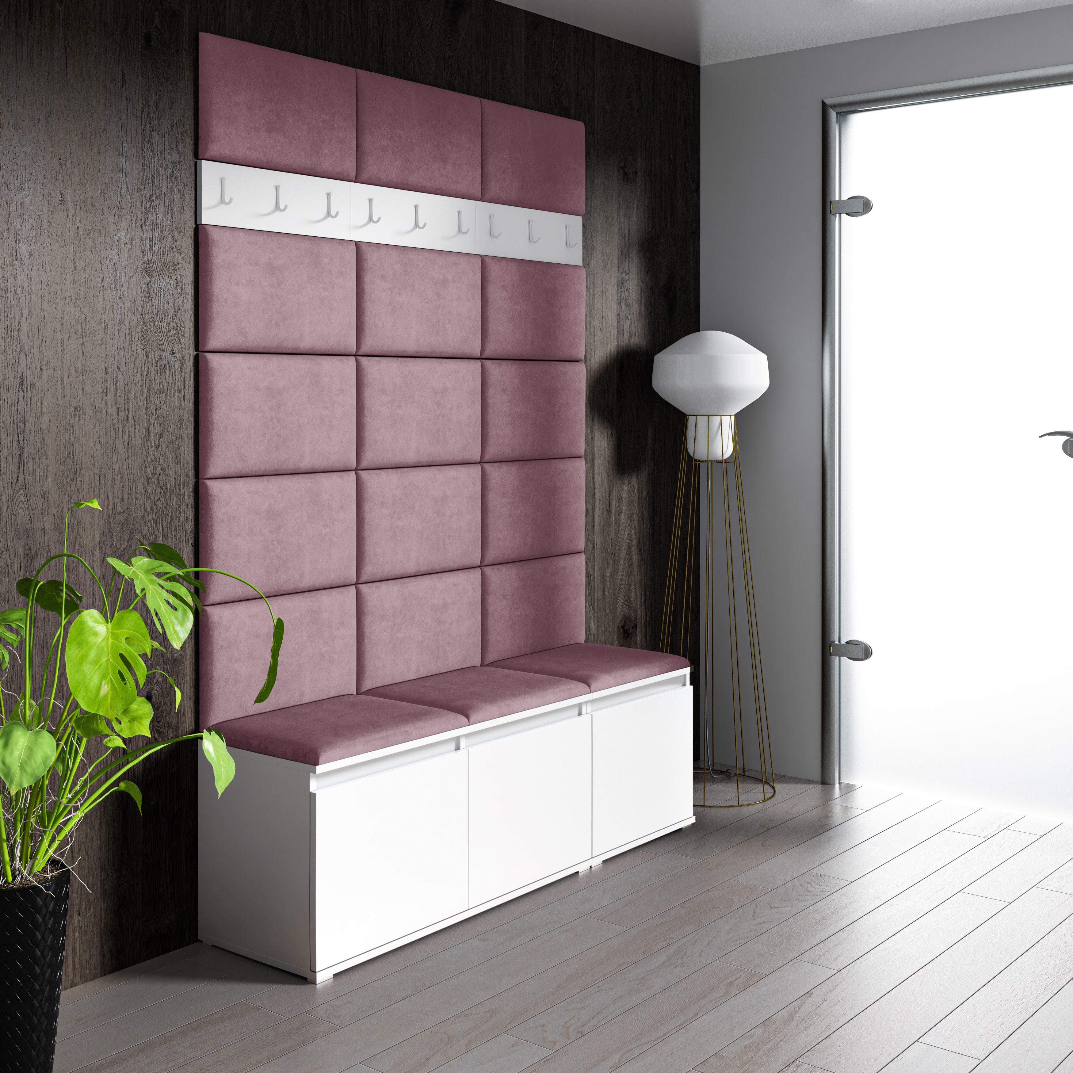 Eka Předsíňová stěna s čalouněnými panely Trinity 6 - Bílá / Světlá růžová 2319