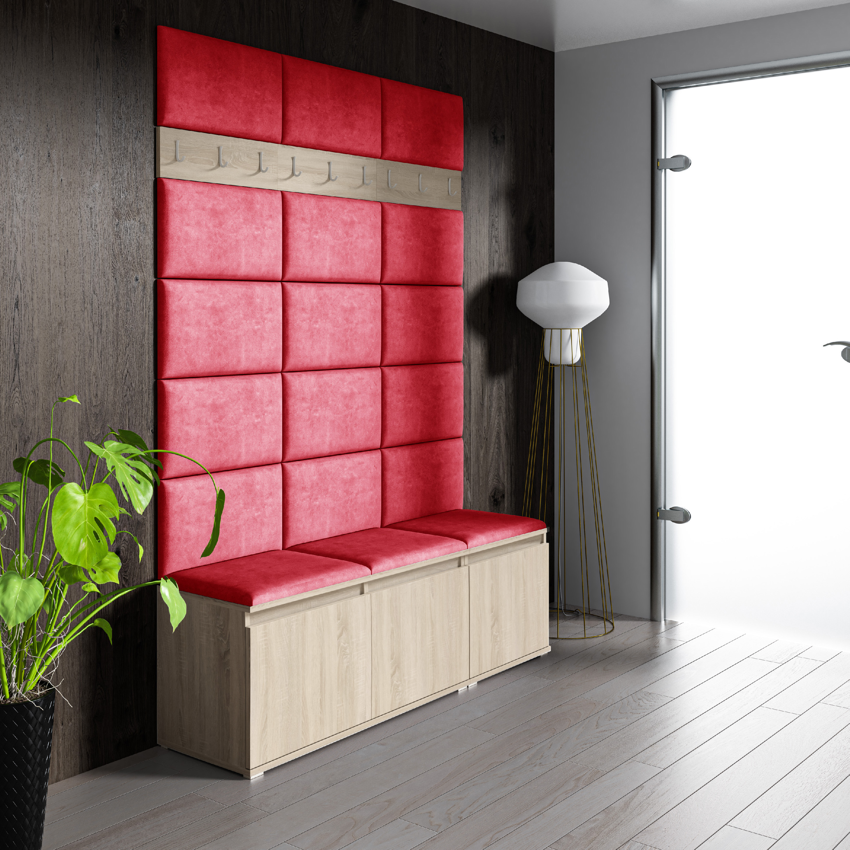 Eka Předsíňová stěna s čalouněnými panely Trinity 6 - Sonoma / Červená 2309
