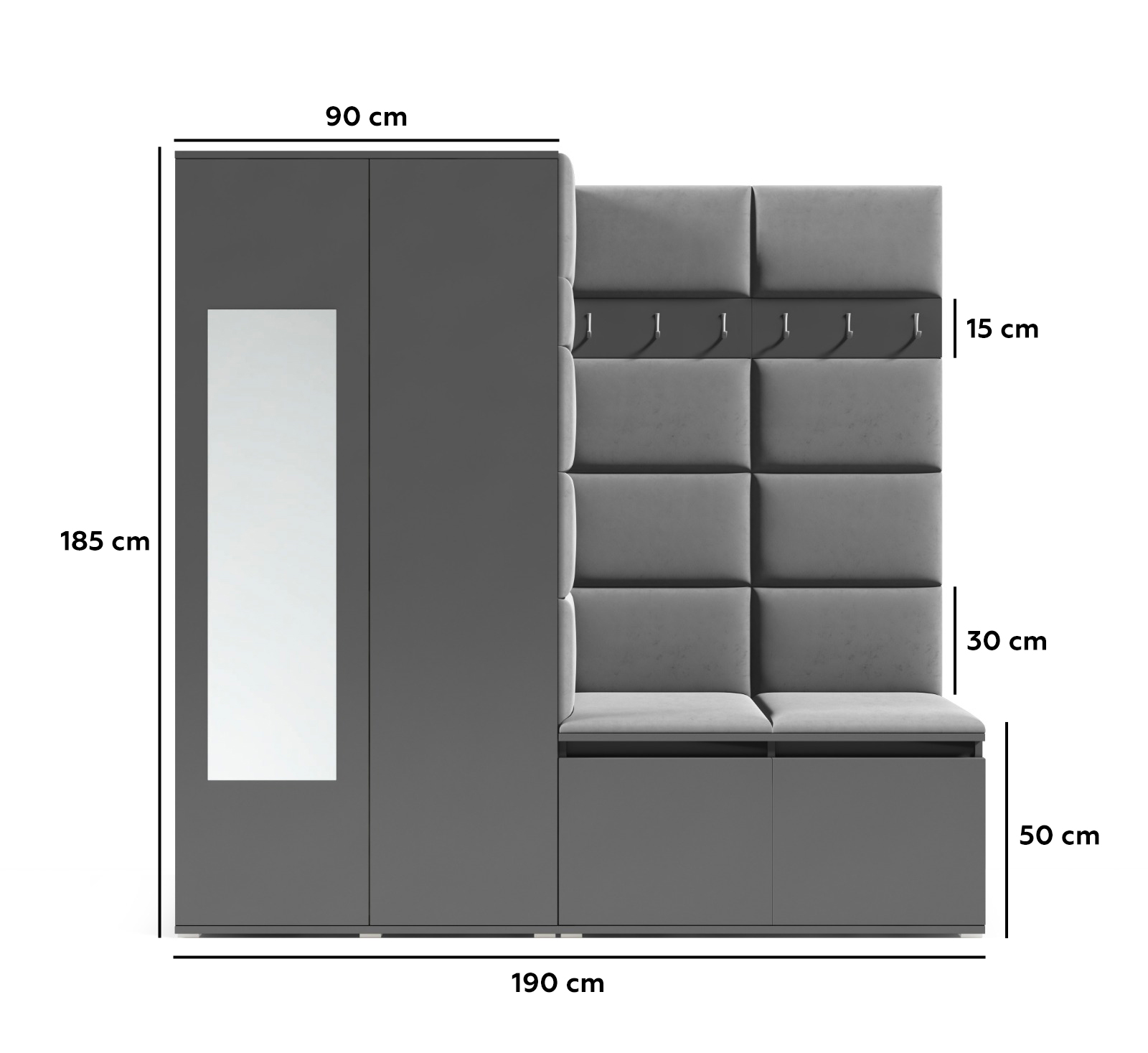 Eka Předsíňová stěna s čalouněnými panely Trinity 8 - Grafit / Tmavá krémová 2302